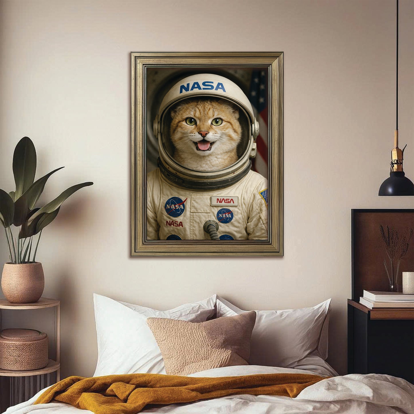 Custom Photo Astronaut Cat Canvas Framed Wall Art Gift For Cat Lovers