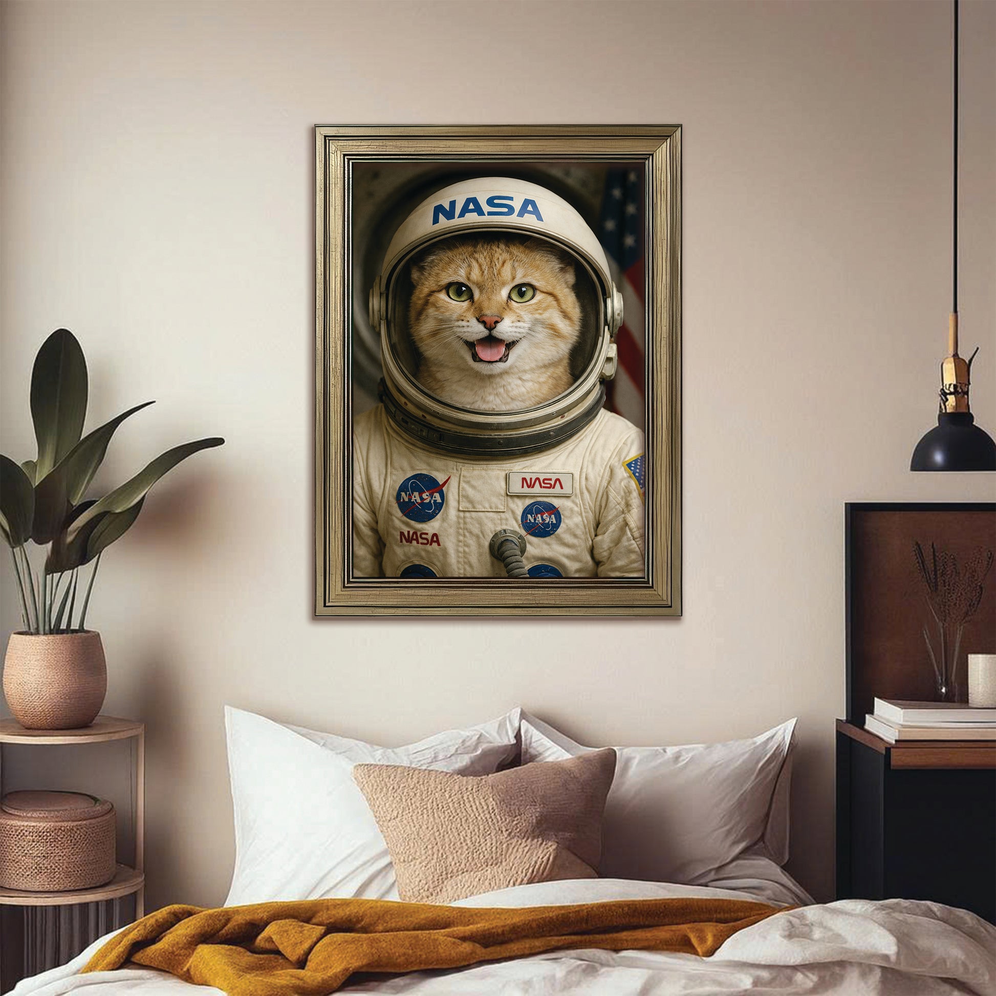 Custom Photo Astronaut Cat Canvas Framed Wall Art Gift For Cat Lovers