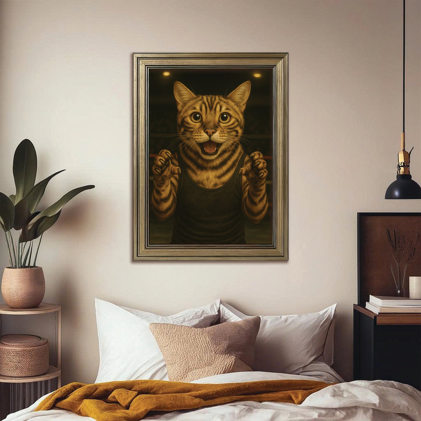 Custom Photo Wrestler Fighter Cat Canvas Framed Wall Art Gift For Cat Lovers