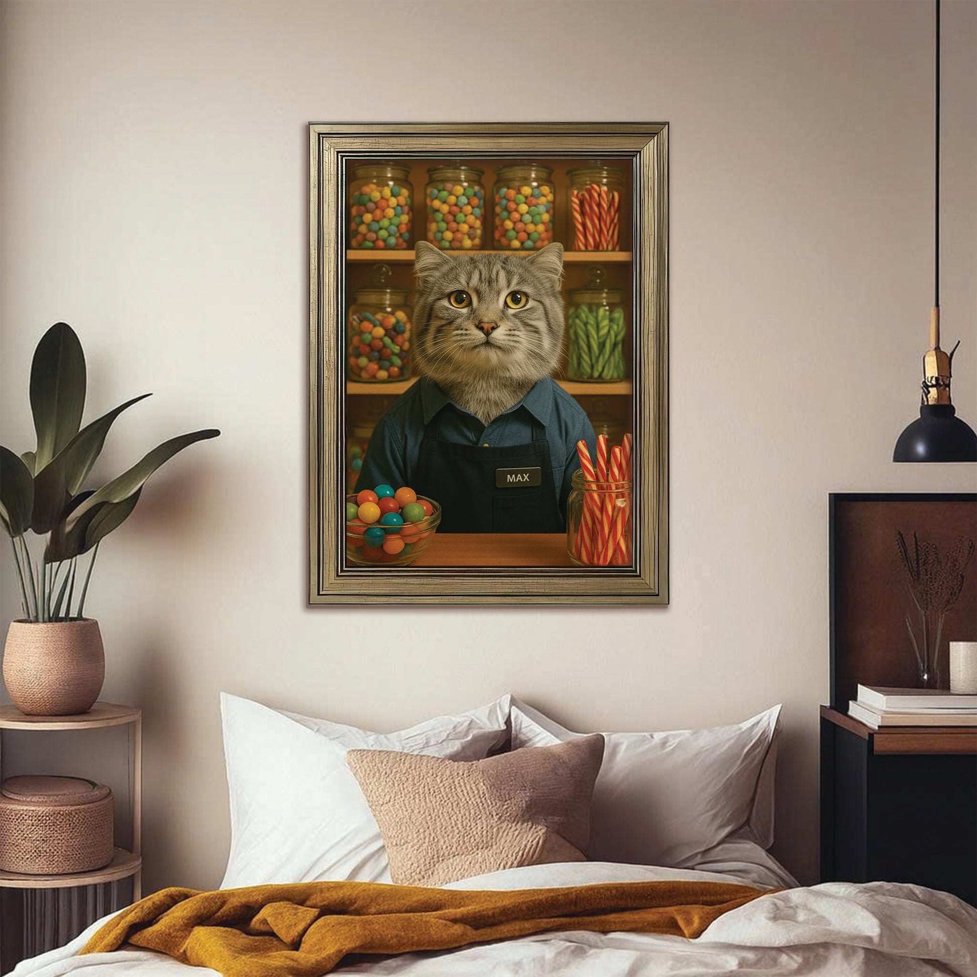 Custom Photo Candy Shop Cat Canvas Framed Wall Art Gift For Cat Lovers