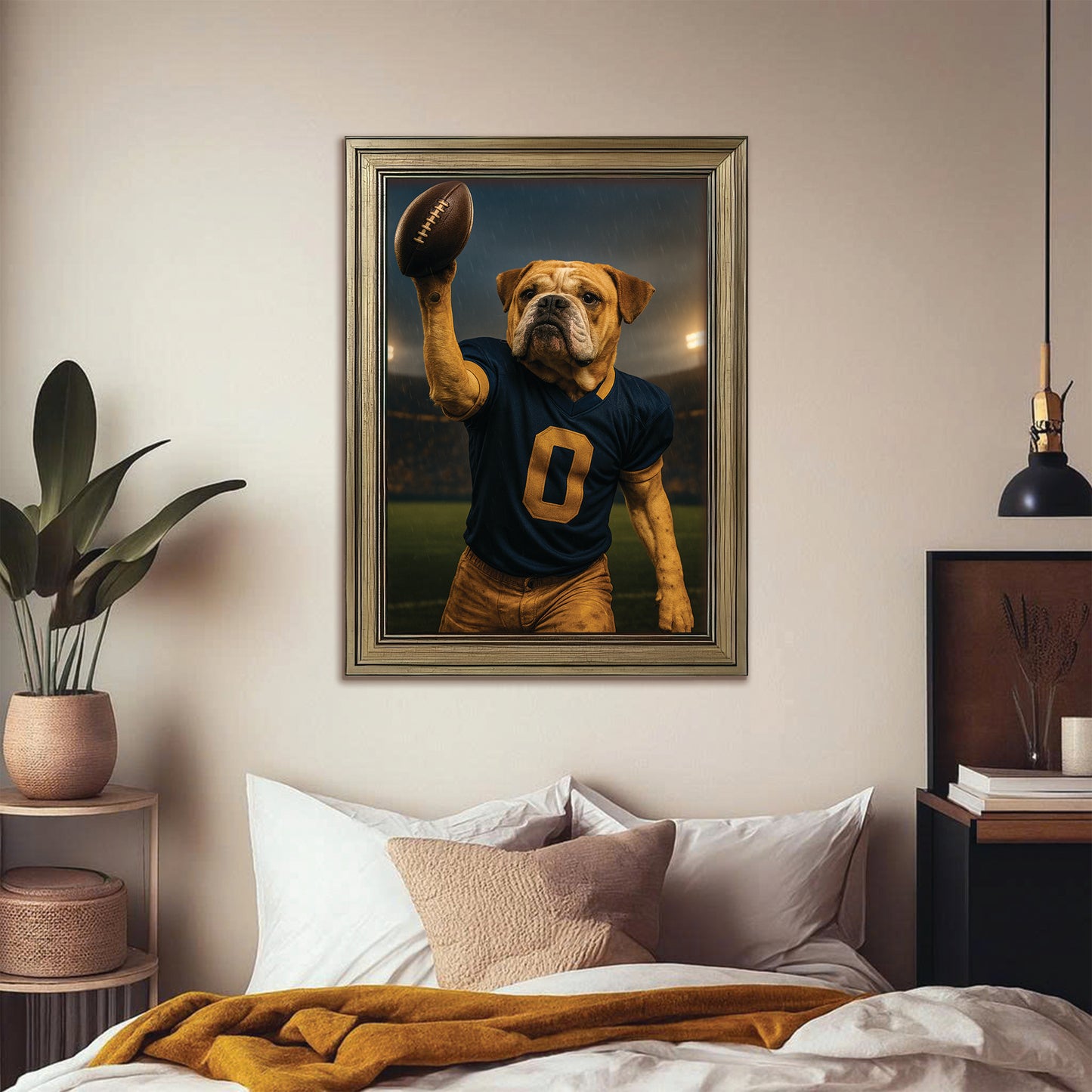 Custom Photo Football Player Canvas Framed Wall Art Gift For Dog Lovers
