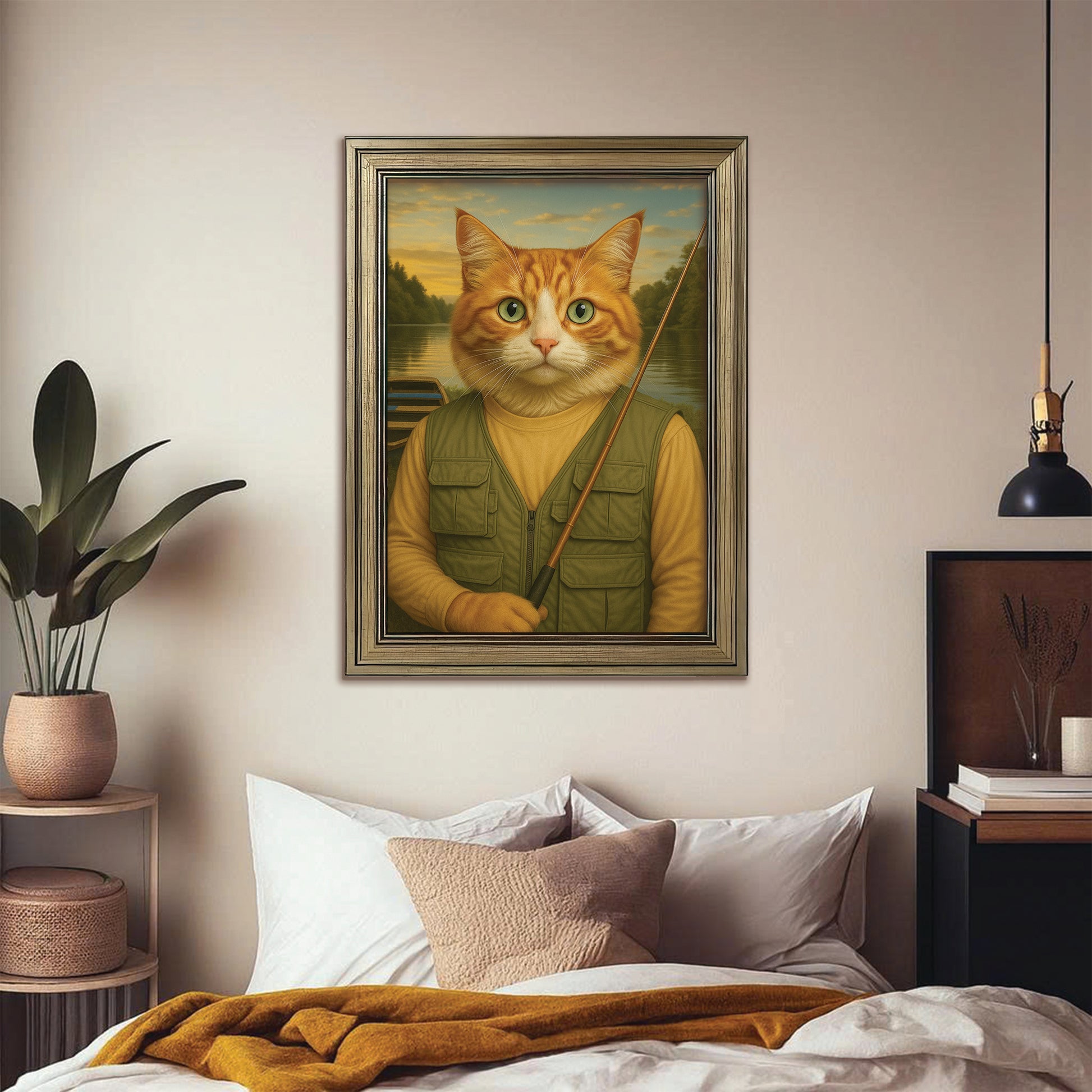 Custom Photo Fisherman Cat Canvas Framed Wall Art
