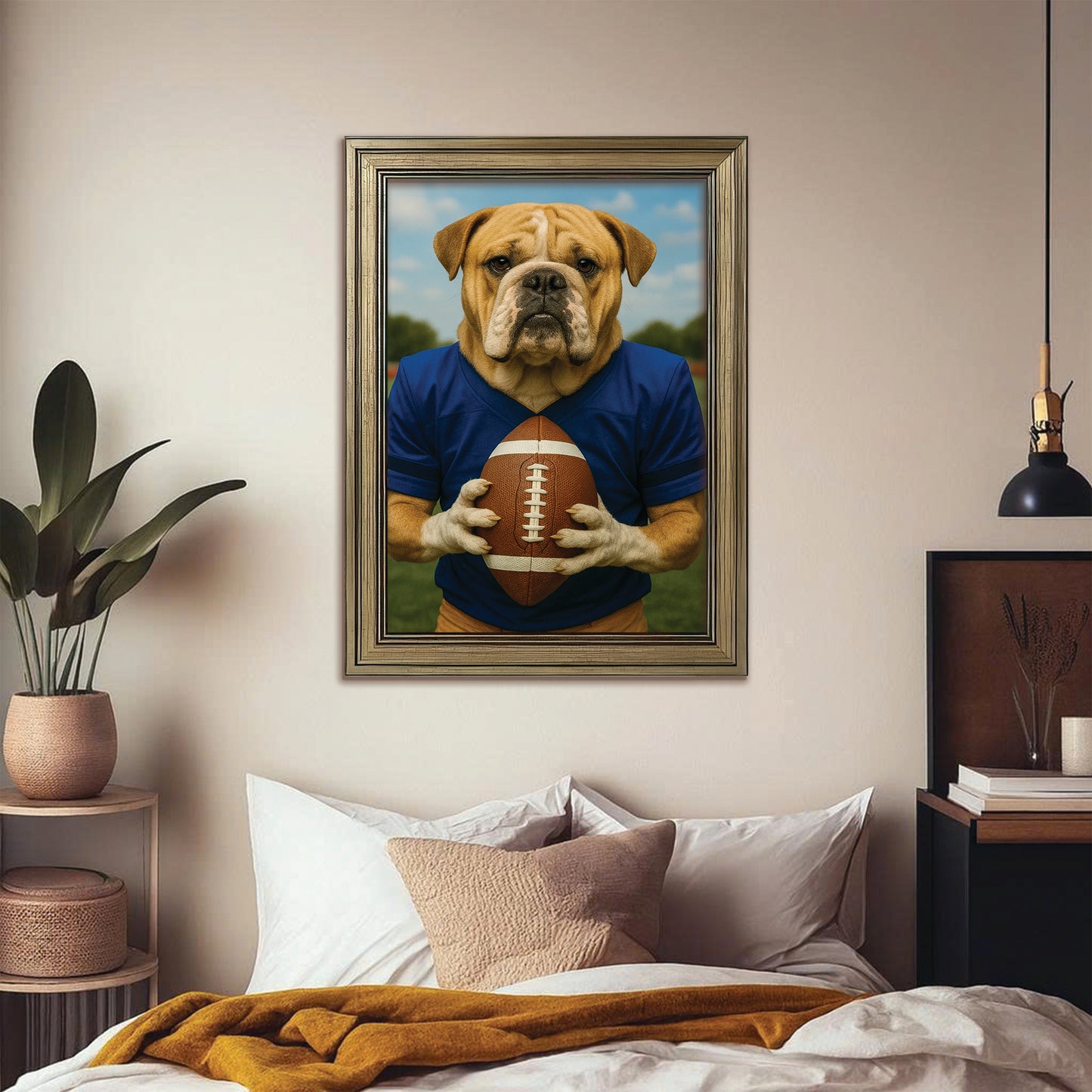 Custom Photo Football Player Dog Canvas Framed Wall Art Gift For Dog Lovers