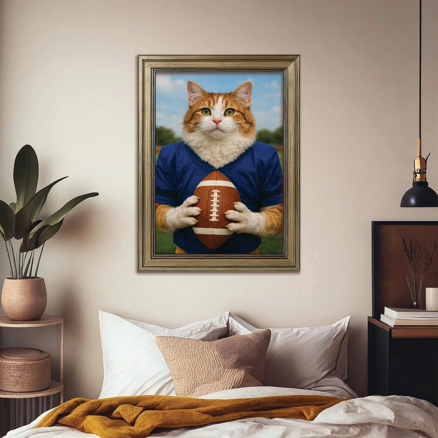 Custom Photo Football Player Cat Canvas Framed Wall Art  Gift For Cat Lovers