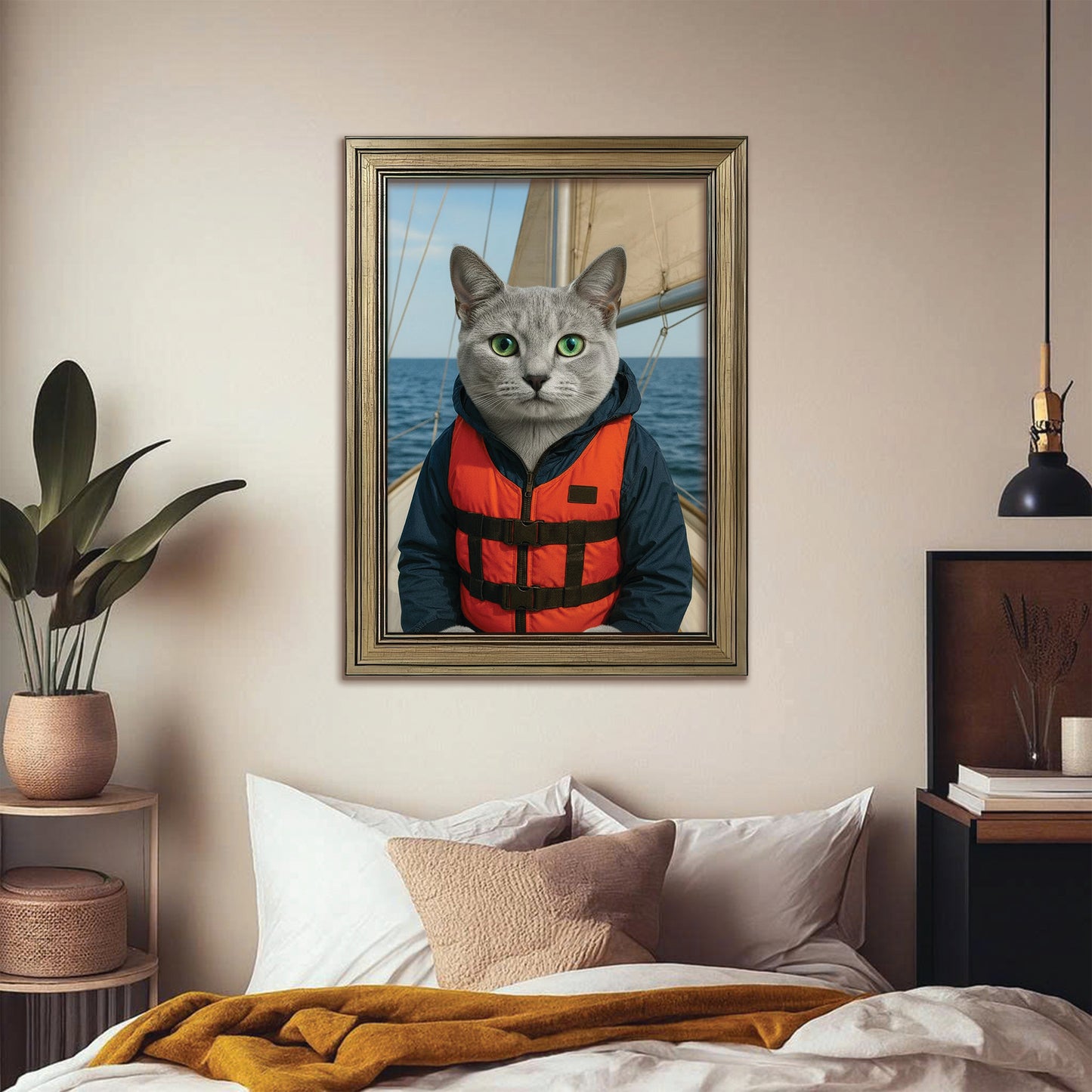 Custom Photo Sailor Cat Canvas Framed Wall Art Gift For Cat Lovers