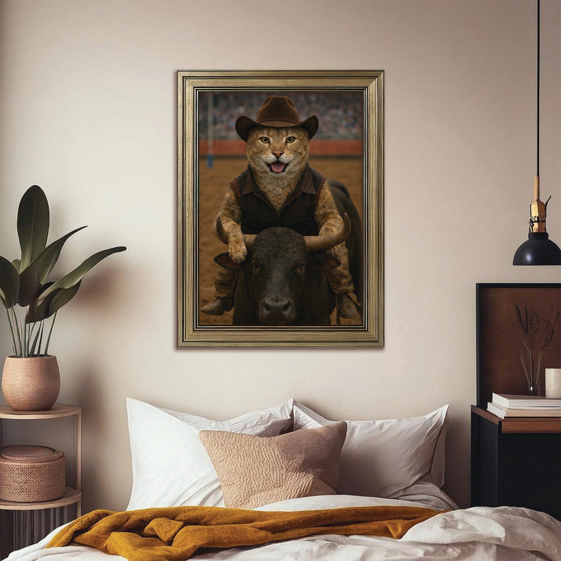 Custom Photo Bull Rider Cowboy Cat Canvas Framed Wall Art Gift For Cat Lovers