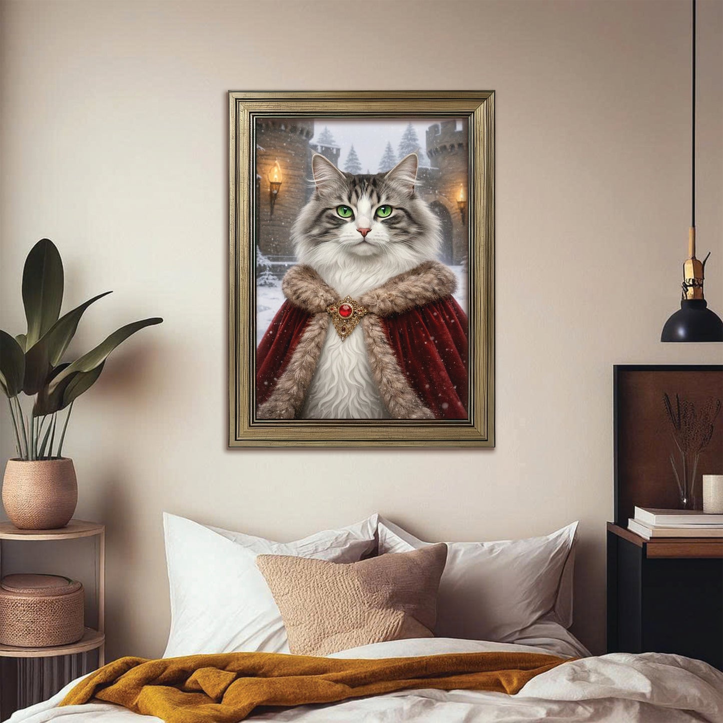 Custom Photo Winter King Royal Canvas Framed Wall Art Gift For Cat Lovers