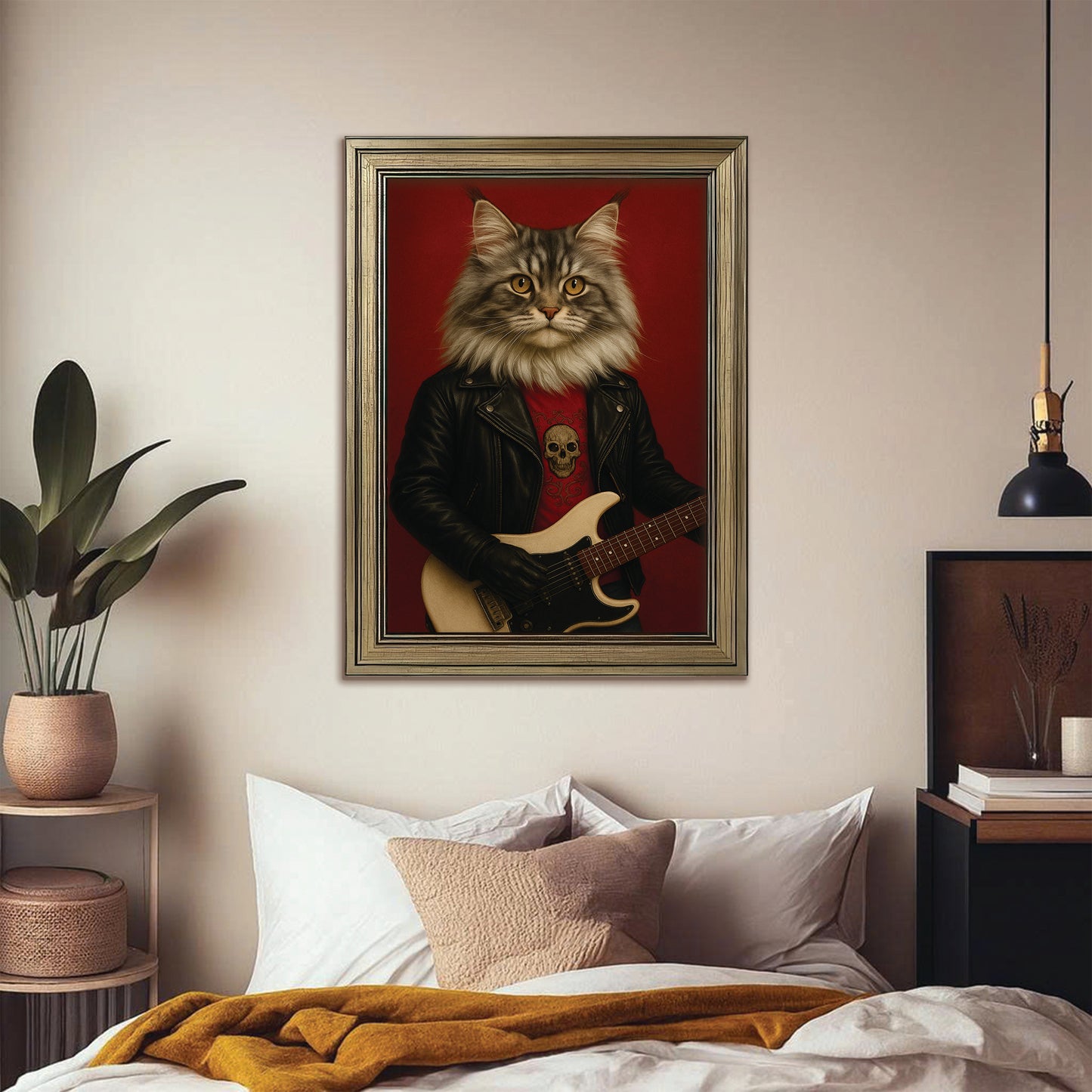 Custom Photo Guitarist Cat Canvas Framed Wall Art Gift For Cat