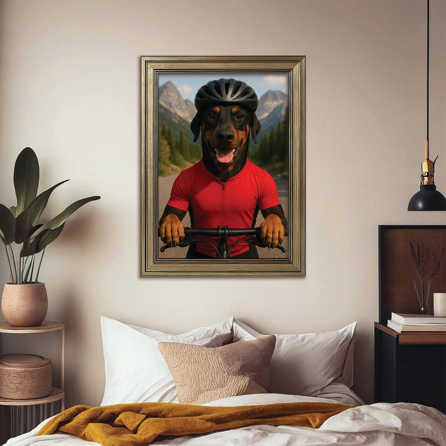 Custom Photo Cyclist Dart Bike Dog Canvas Framed Wall Art Gift For Dog Lovers