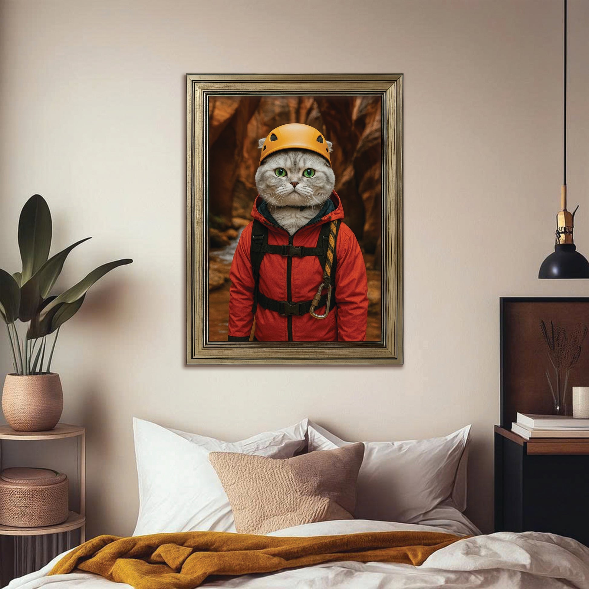 Custom Photo Canyoneering Slot Canyon Adventure Cat Canvas Framed Wall Art Gift For Cat Lovers