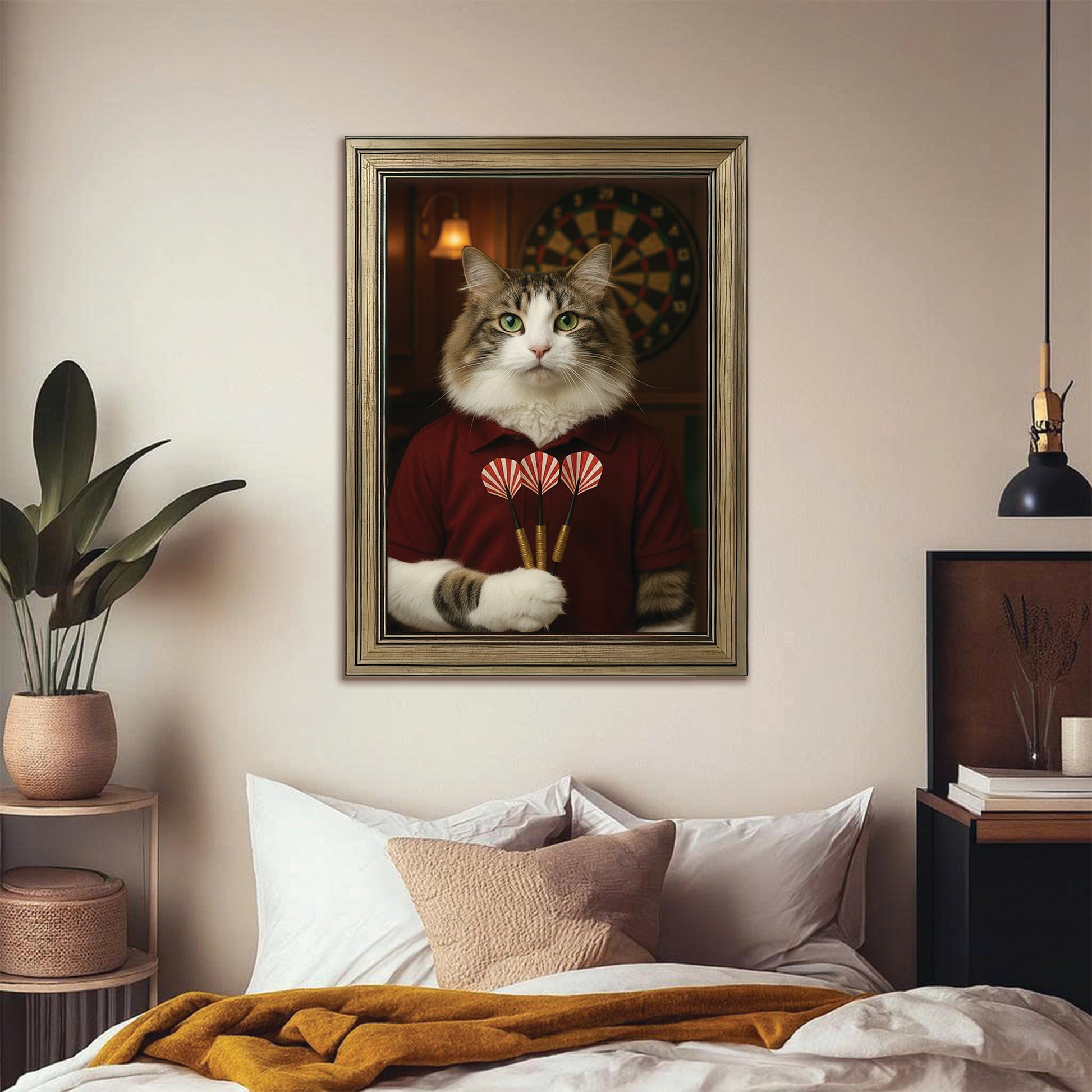 Custom Photo Dart Player Cat Canvas Framed Wall Art  Gift For Cat Lovers