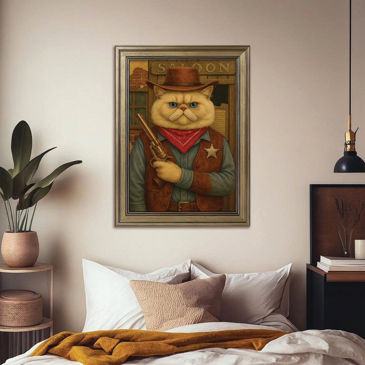 Custom Photo Cat Cowboy Canvas Framed Wall Art