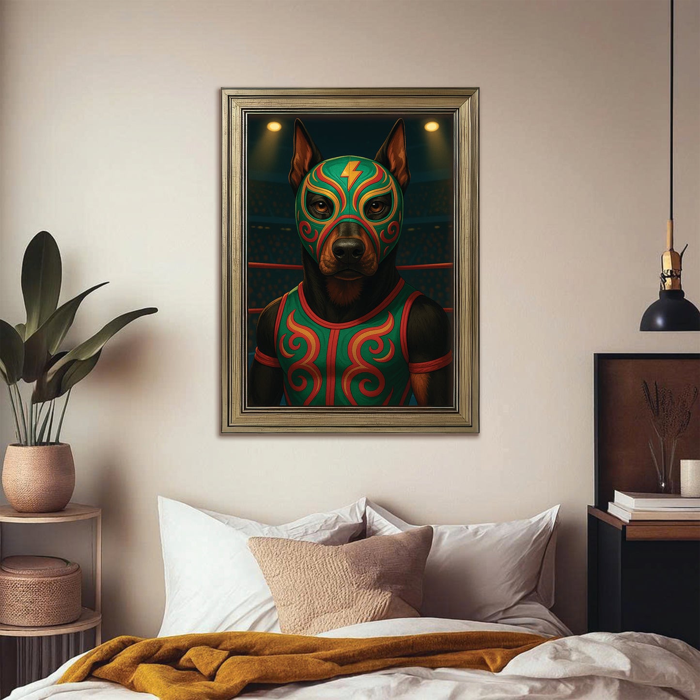 Custom Photo Lucha Libre Wrestler Mask Dog Canvas Framed Wall Art Gift For Dog Lovers