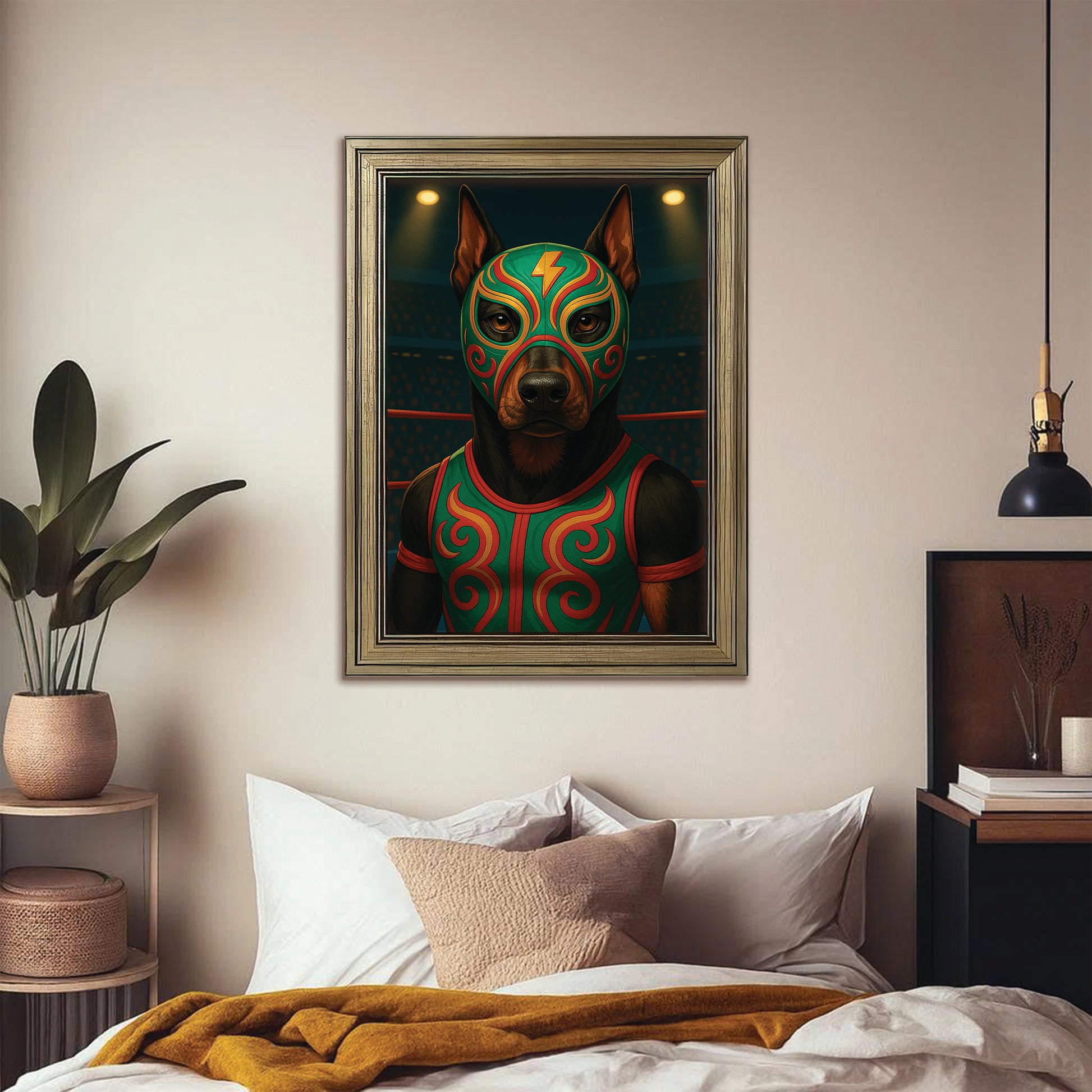 Custom Photo Lucha Libre Wrestler Mask Dog Canvas Framed Wall Art Gift For Dog Lovers