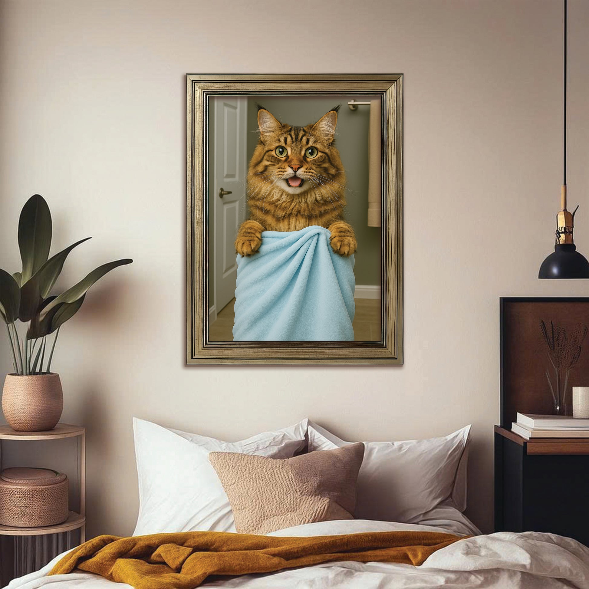 Custom Cat Photo In Bathroom Canvas Framed Wall Art Cat Lover Gifts