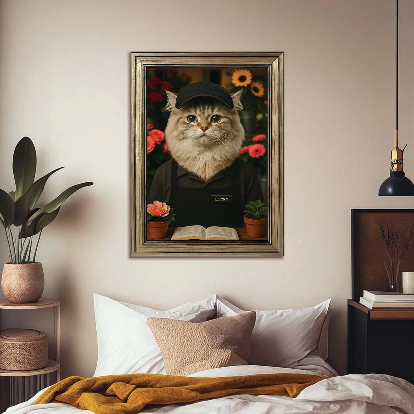 Custom Photo Flower Shop Florist Cat Canvas Framed Wall Art  Gift For Cat Lovers
