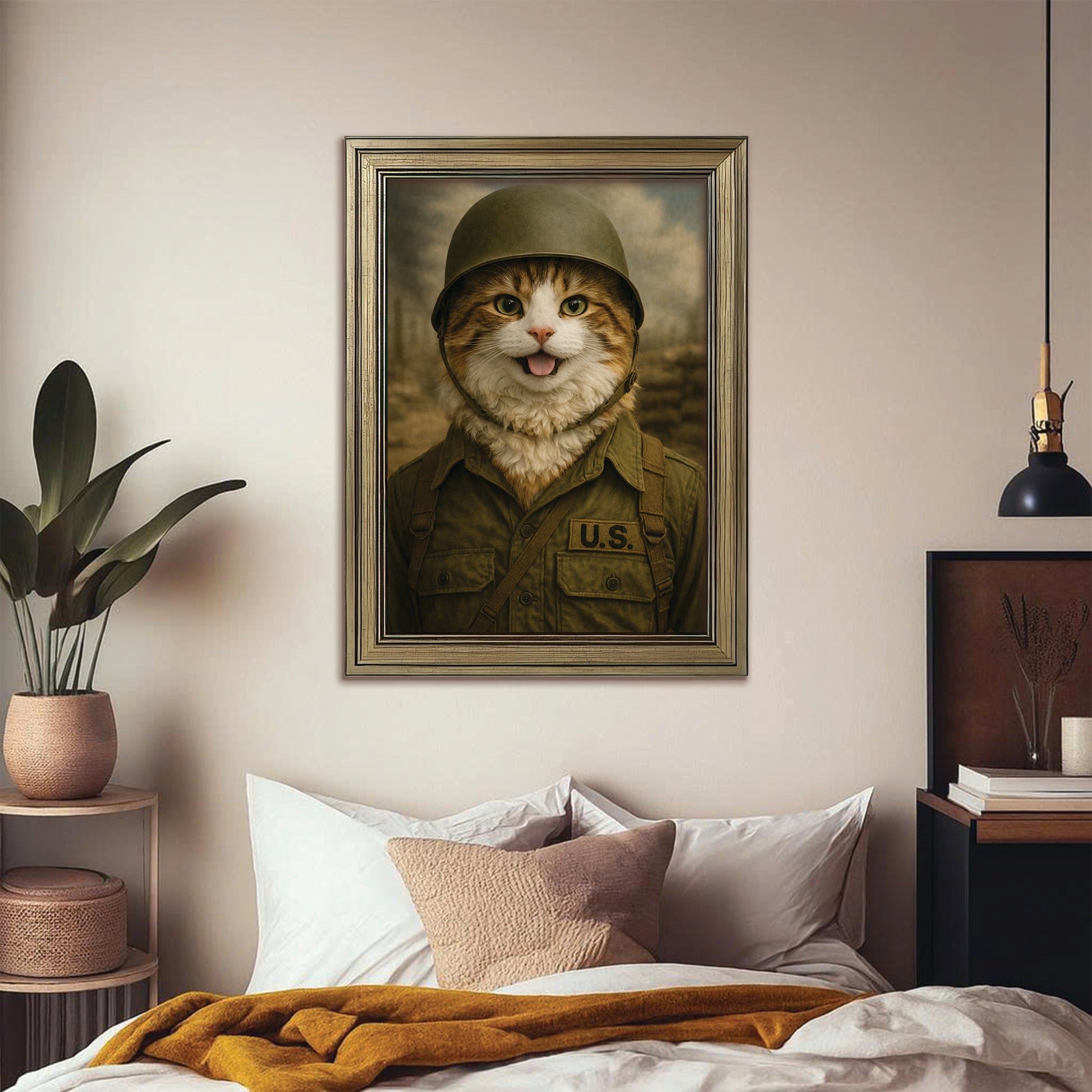 Custom Photo Military Cat Canvas Framed Wall Art  Gift For Cat Lovers