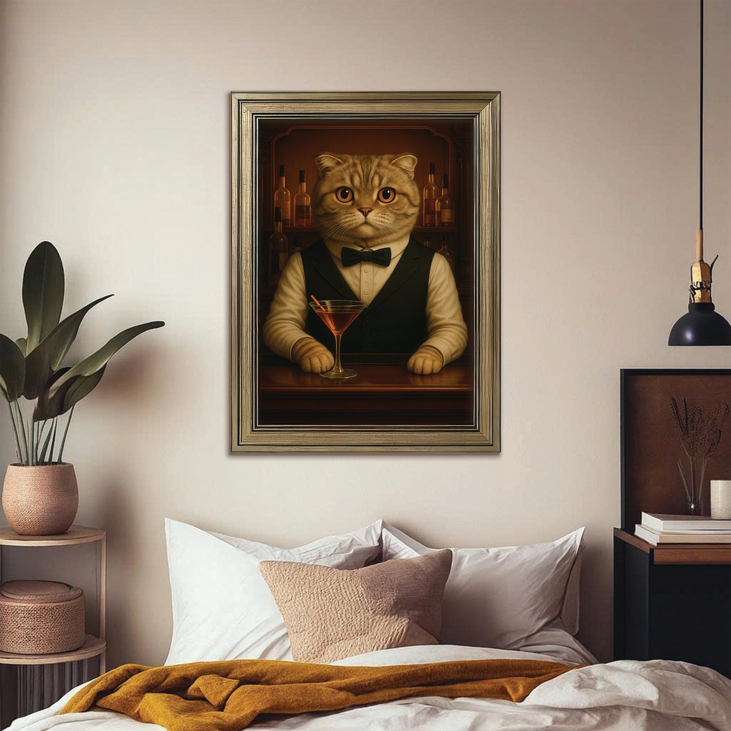 Personalized Cat Portrait Bartender Canvas Framed Wall Art