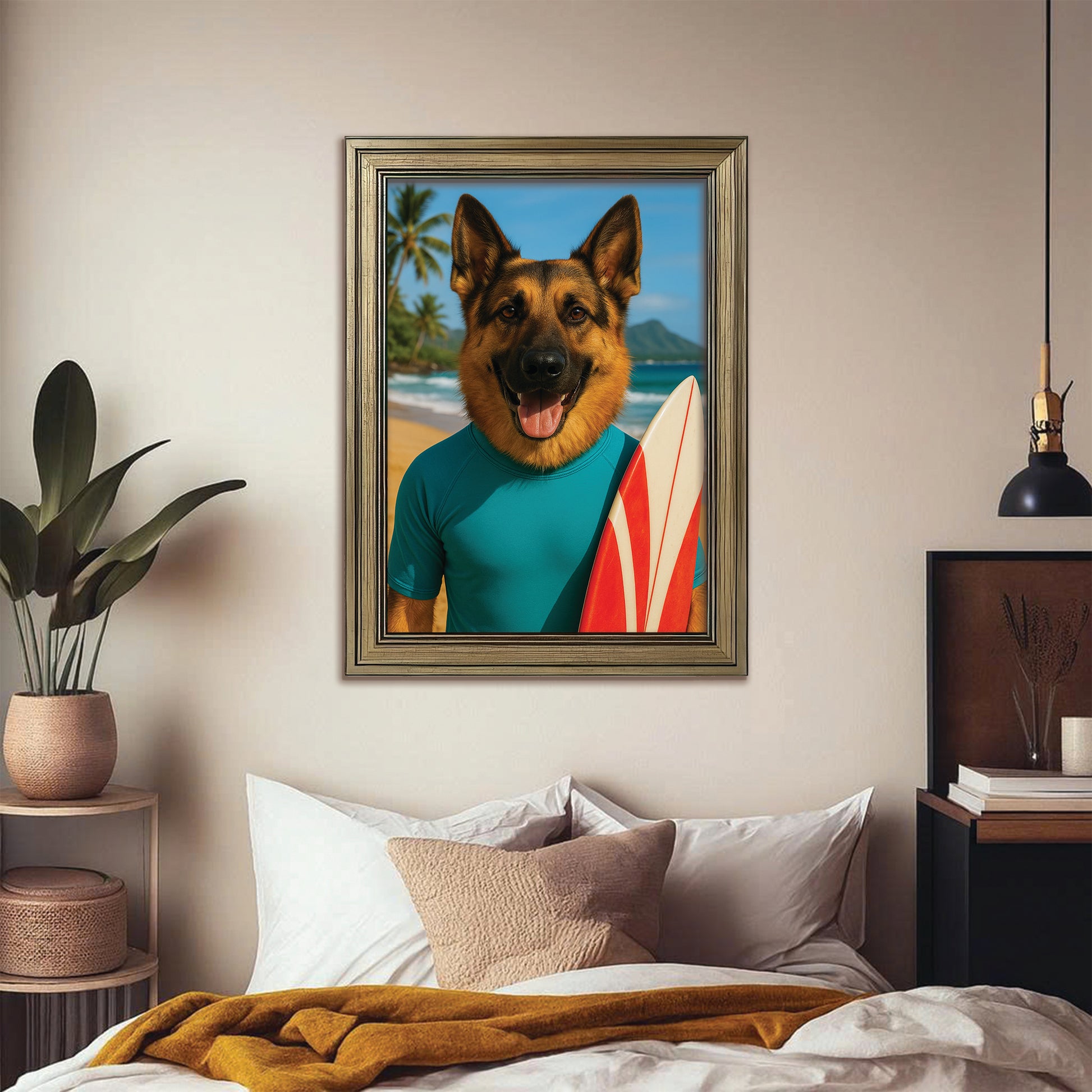 Custom Photo Surfer Beach Dog Canvas Framed Wall Art Gift For Dog Lovers