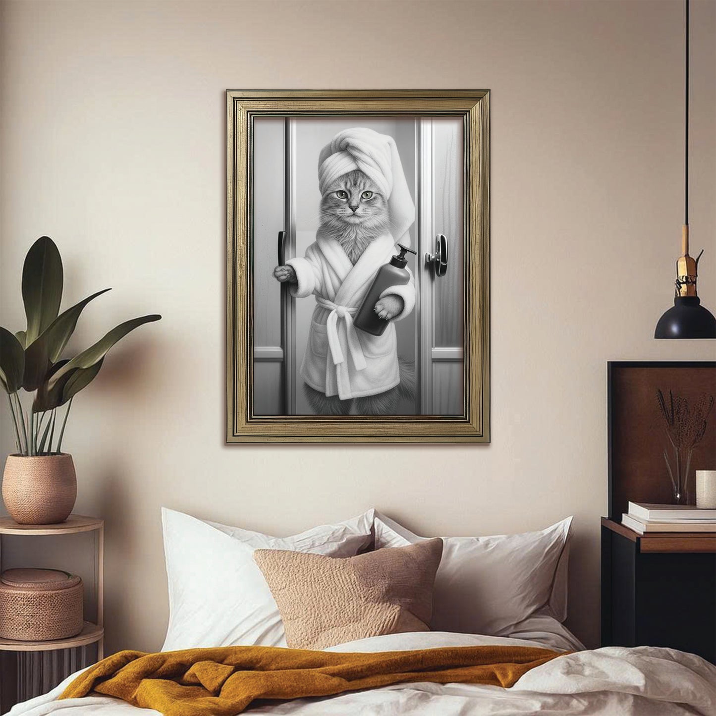 Custom Photo Cat Bathrobe Bathroom Canvas Framed Wall Art Gift For Cat Lovers