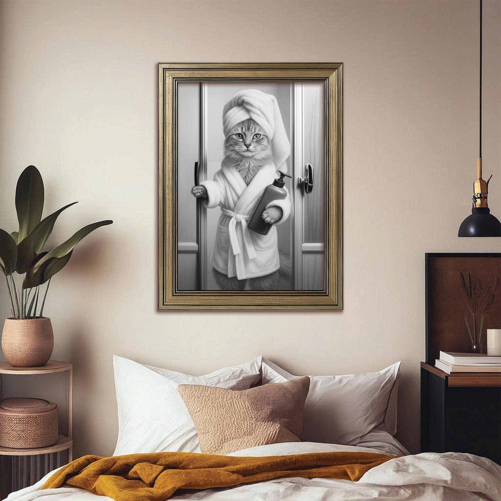 Custom Photo Cat Bathrobe Bathroom Canvas Framed Wall Art Gift For Cat Lovers