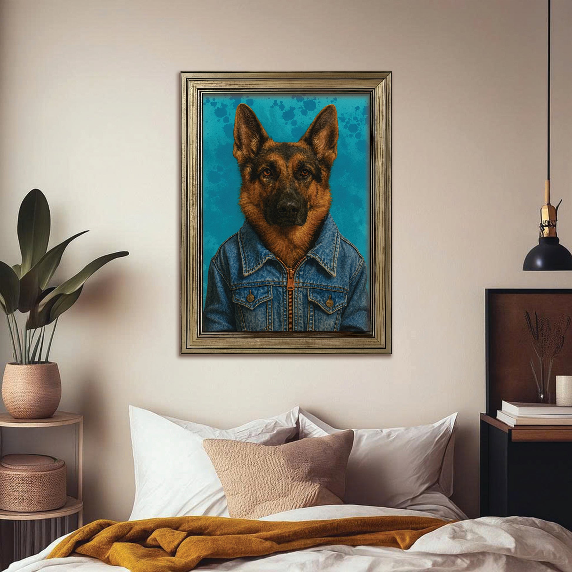 Custom Photo Denim Dog Canvas Framed Wall Art Gift For Dog Lovers