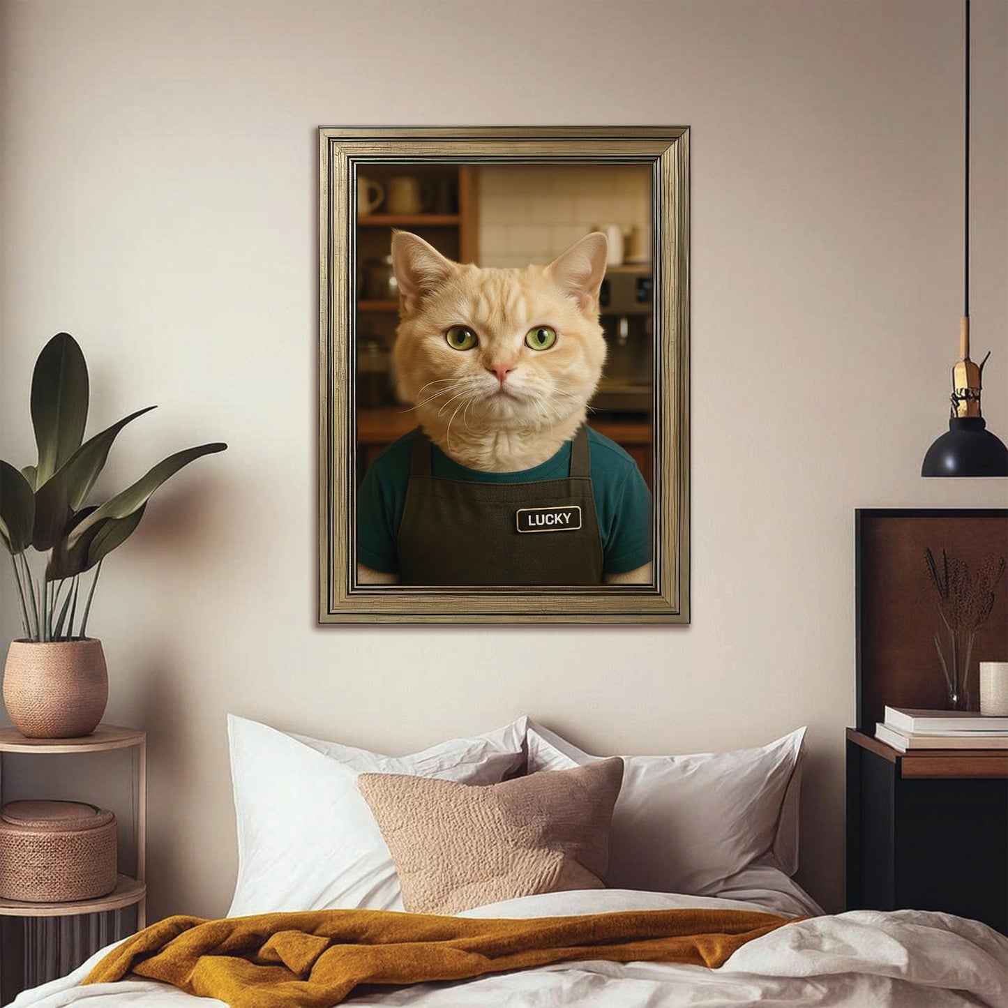 Custom Photo Barista Cat Canvas Framed Wall Art Gift For Cat Lovers
