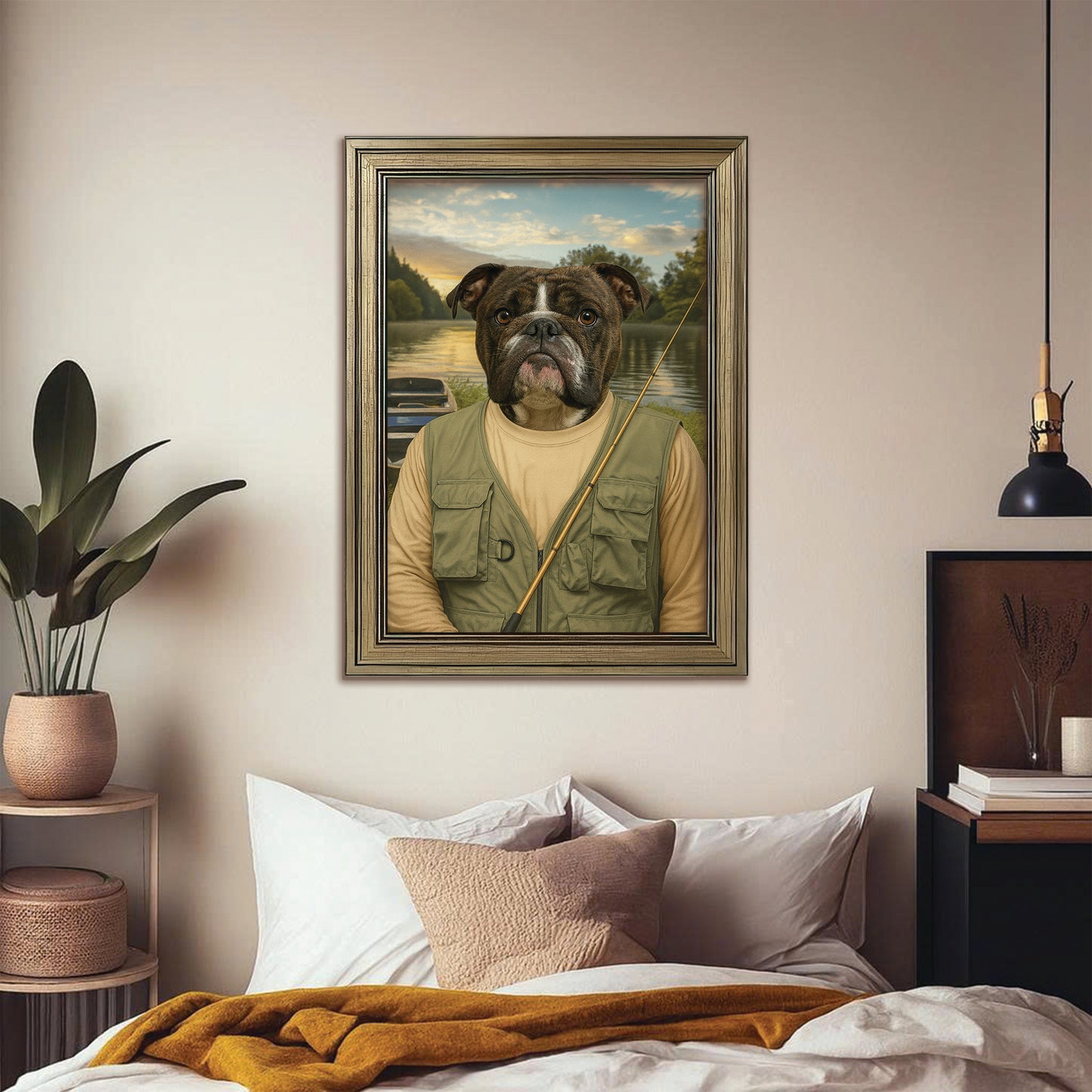 Custom Photo Fisherman Dog Canvas Framed Wall Art
