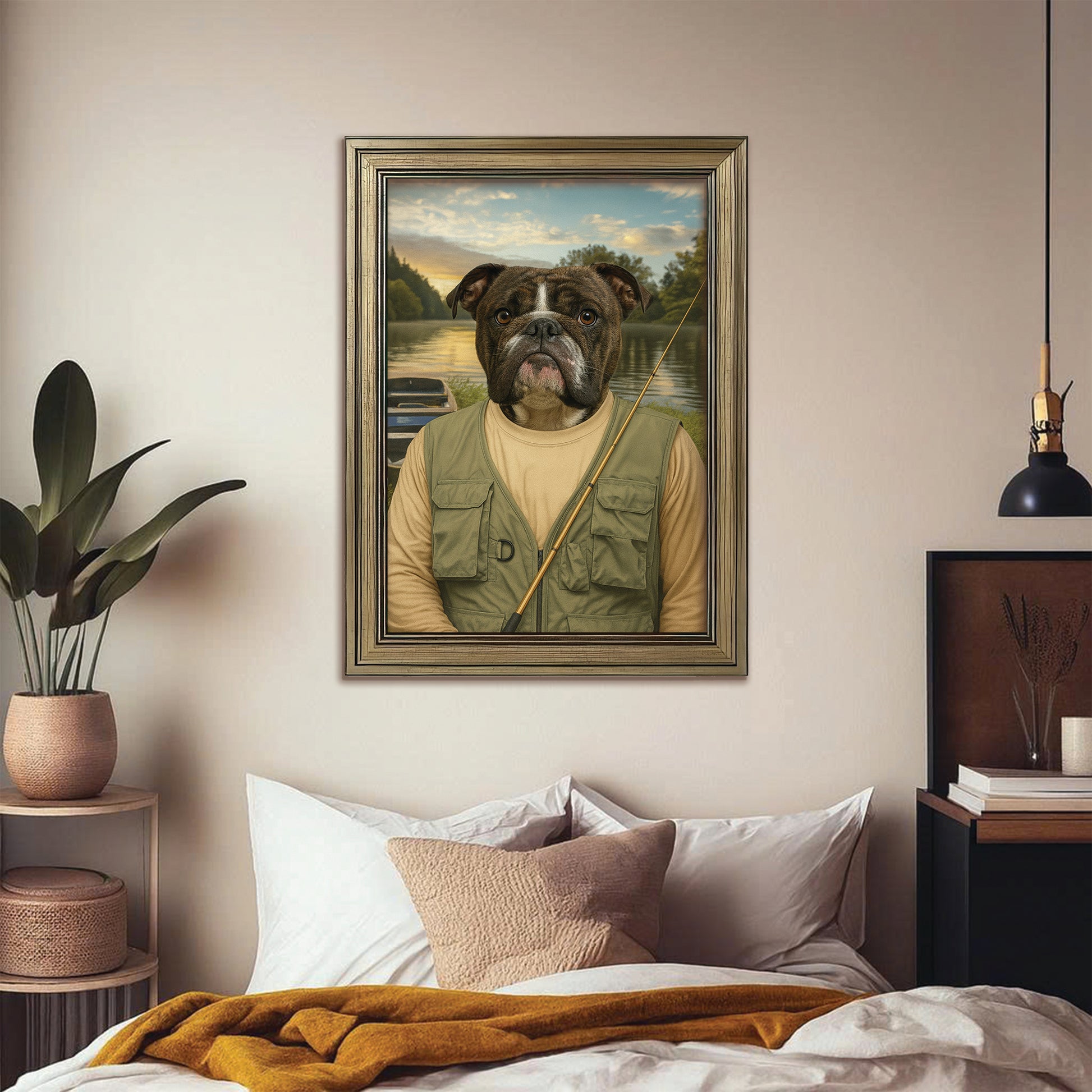 Custom Photo Fisherman Dog Canvas Framed Wall Art