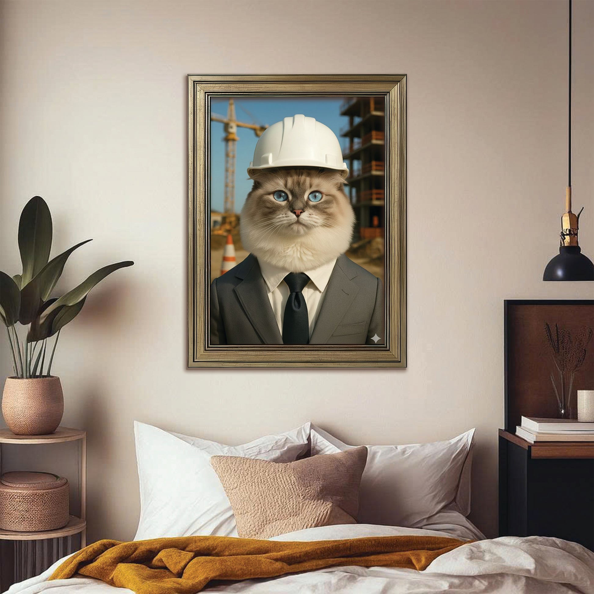 Custom Photo Engineer Construction Cat Canvas Framed Wall Art  Gift For Cat Lovers