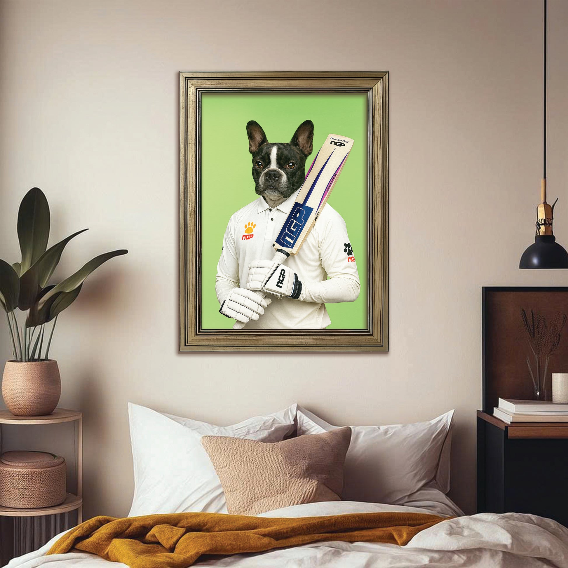 Custom Photo Cricketer Dog Canvas Framed Wall Art Gift For Dog Lovers