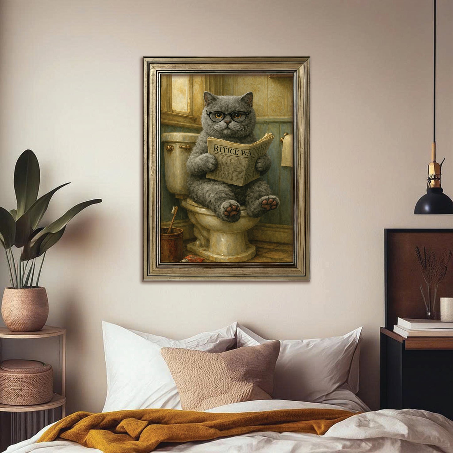 Custom Photo Cat In Bathroom Canvas Framed Wall Art Gift For Cat Lovers