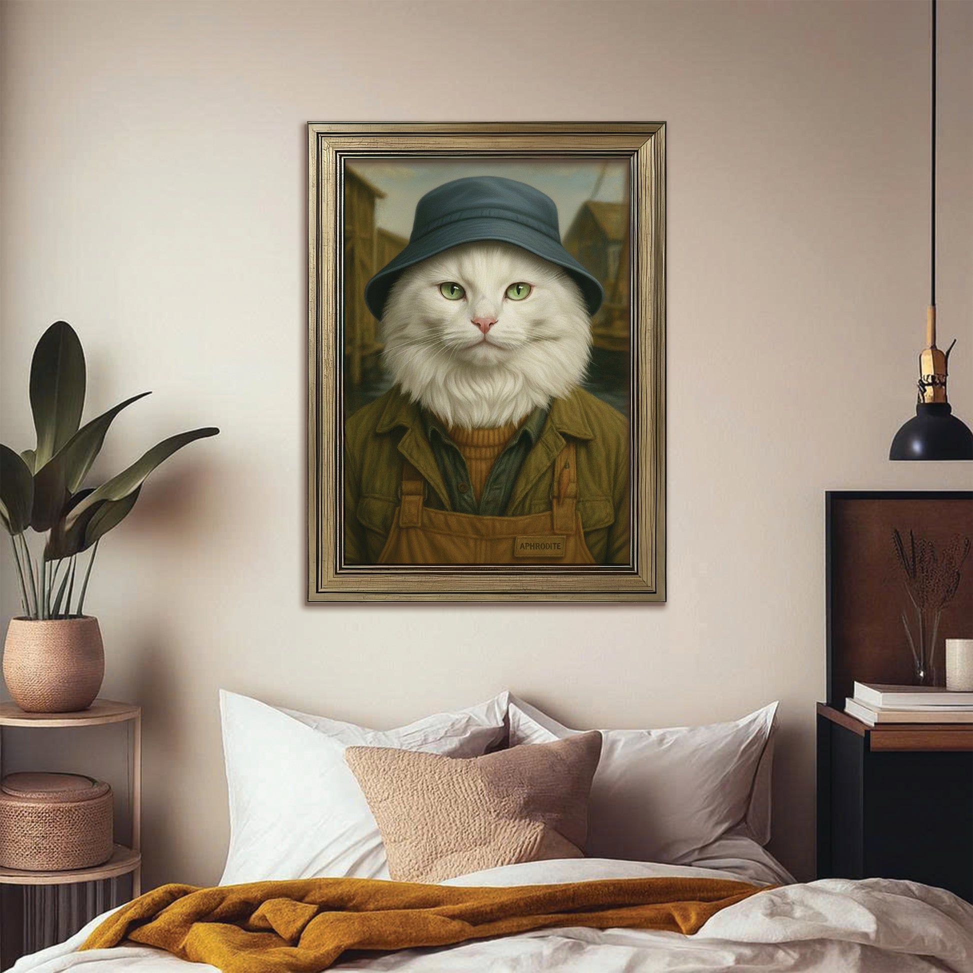 Custom Photo Fisherman Cat Canvas Framed Wall Art  Gift For Cat Lovers