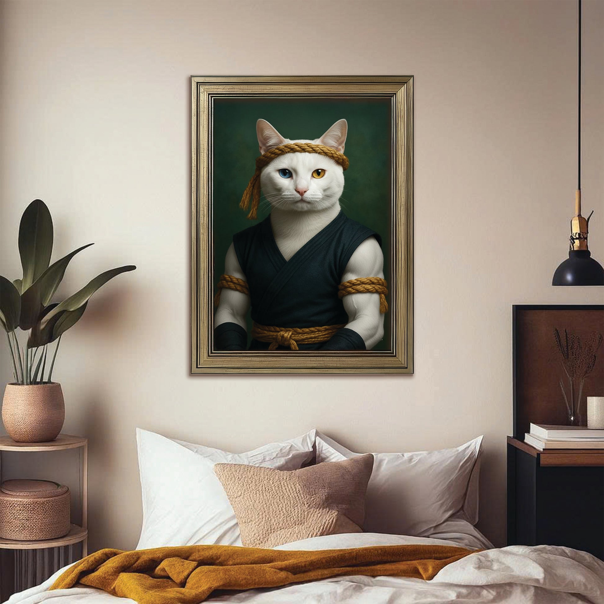 Custom Photo Fighter Warrior Art Cat Canvas Framed Wall Art  Gift For Cat Lovers