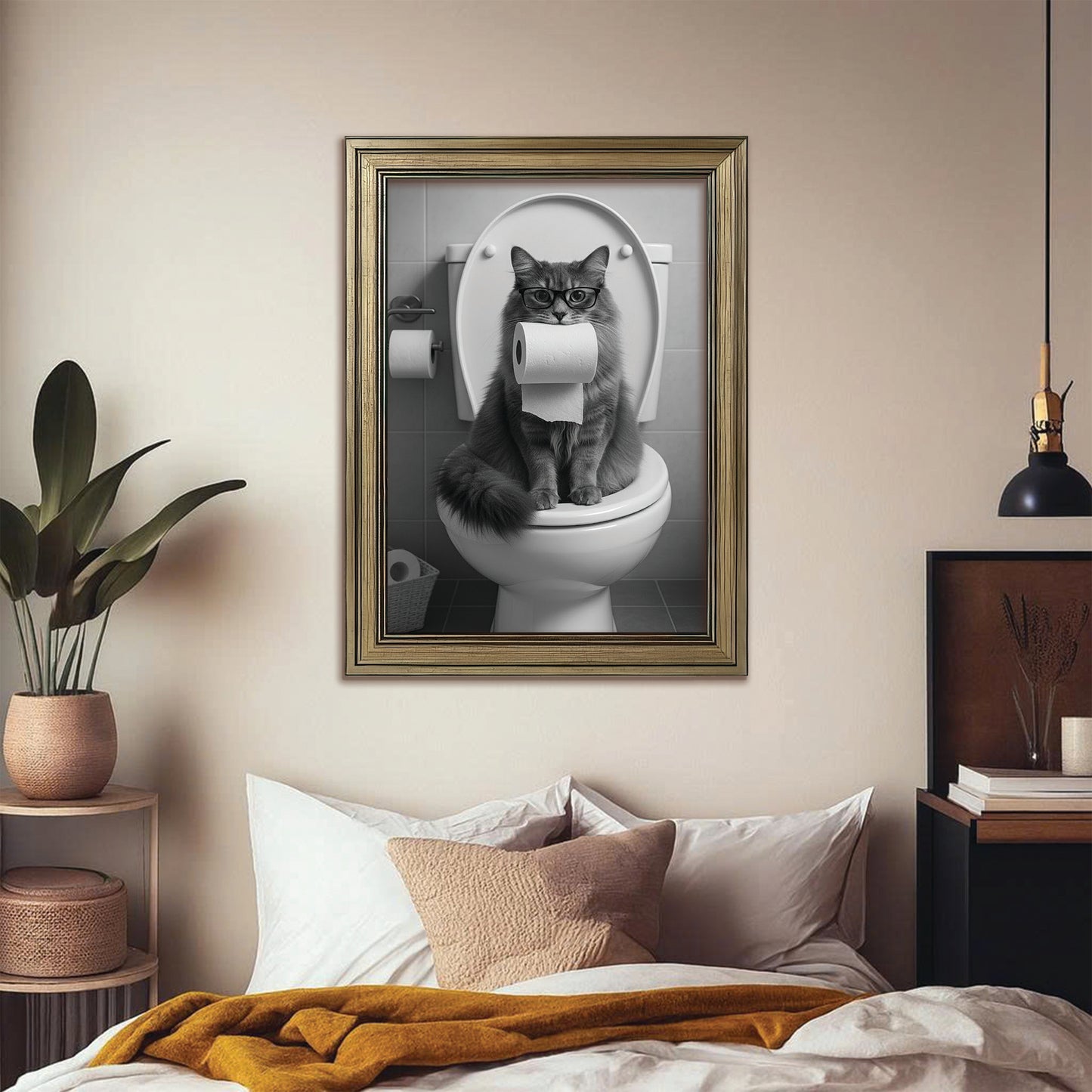 Custom Photo Cat Bathroom Style 5 Canvas Framed Wall Art Gift For Cat Lovers