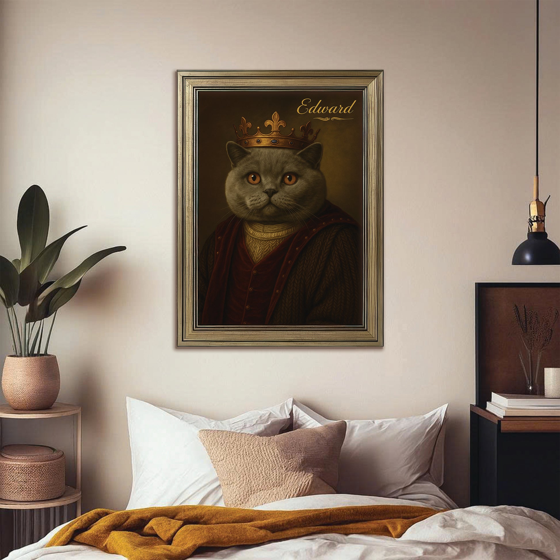 Custom Photo Crown King Cat Canvas Framed Wall Art Gift For Cat Lovers