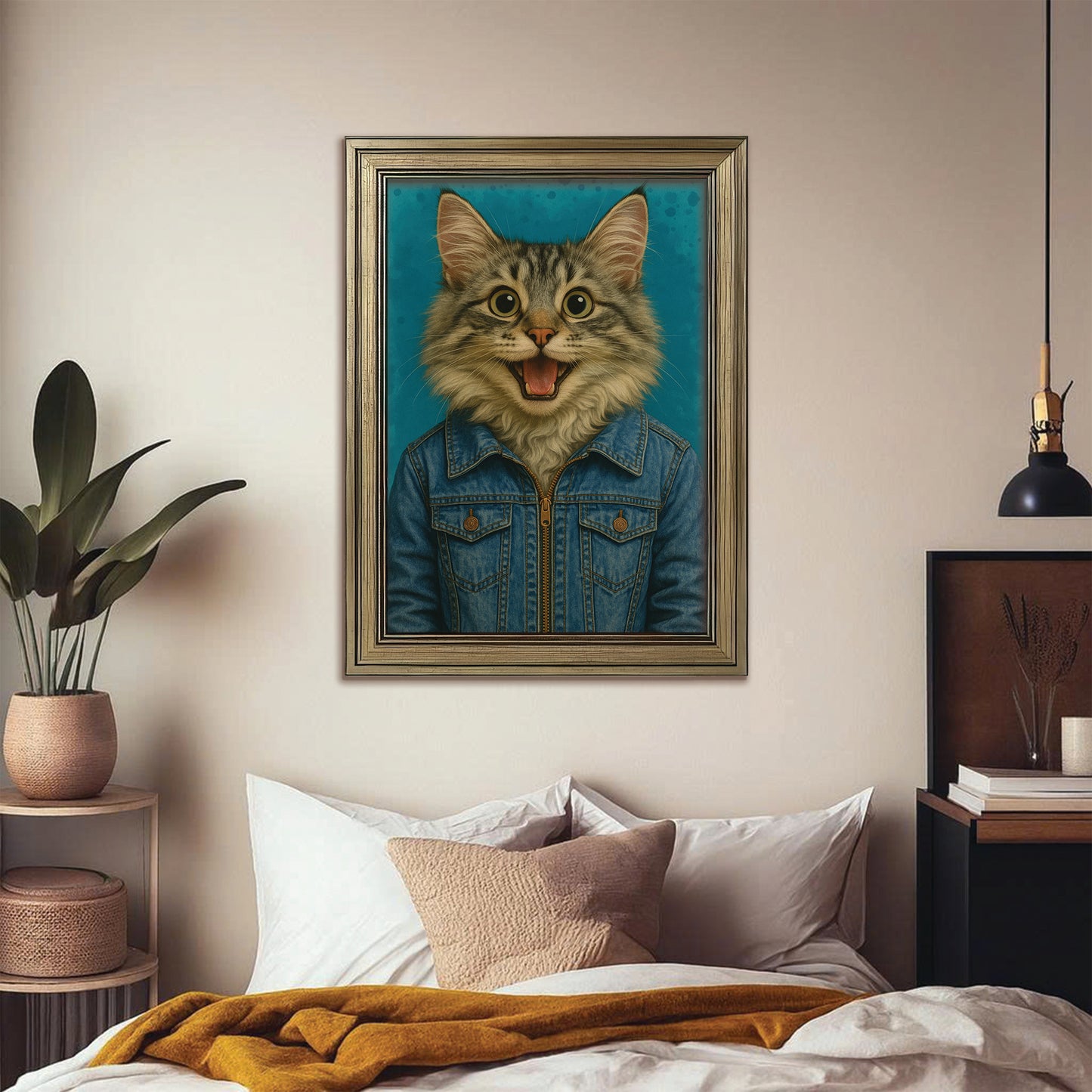 Custom Photo Denim Cat Canvas Framed Wall Art Gift For Cat Lovers