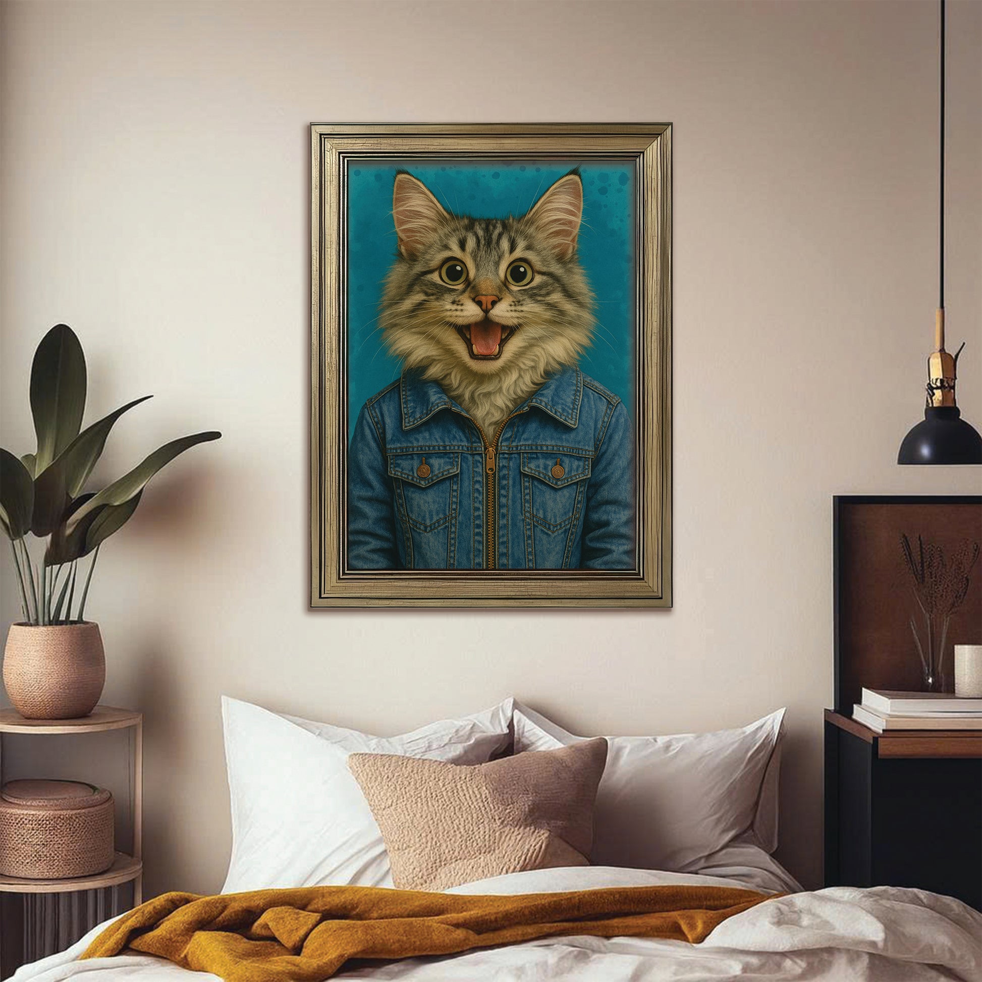 Custom Photo Denim Cat Canvas Framed Wall Art Gift For Cat Lovers