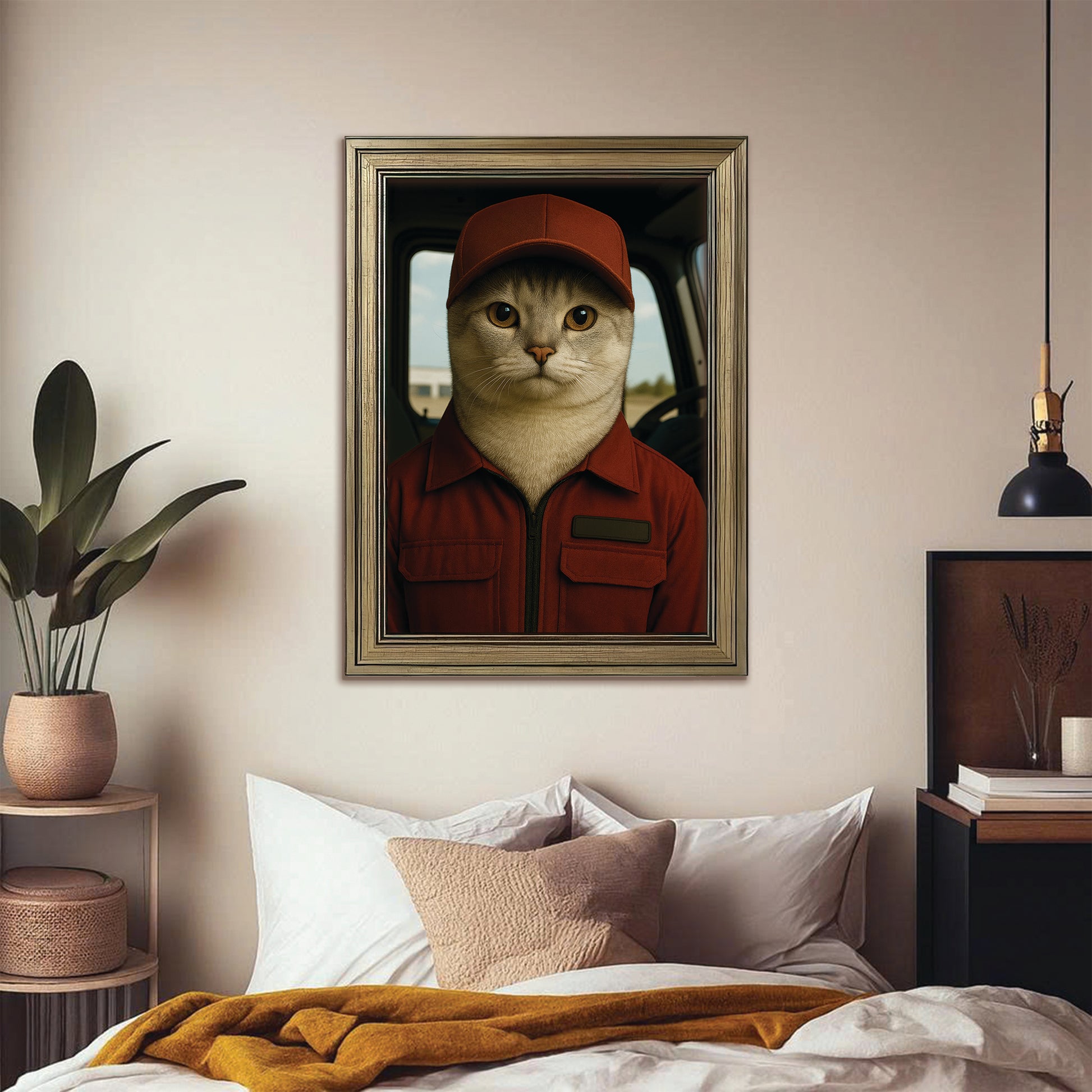 Custom Photo Trucker Driver Cat Canvas Framed Wall Art Gift For Cat Lovers