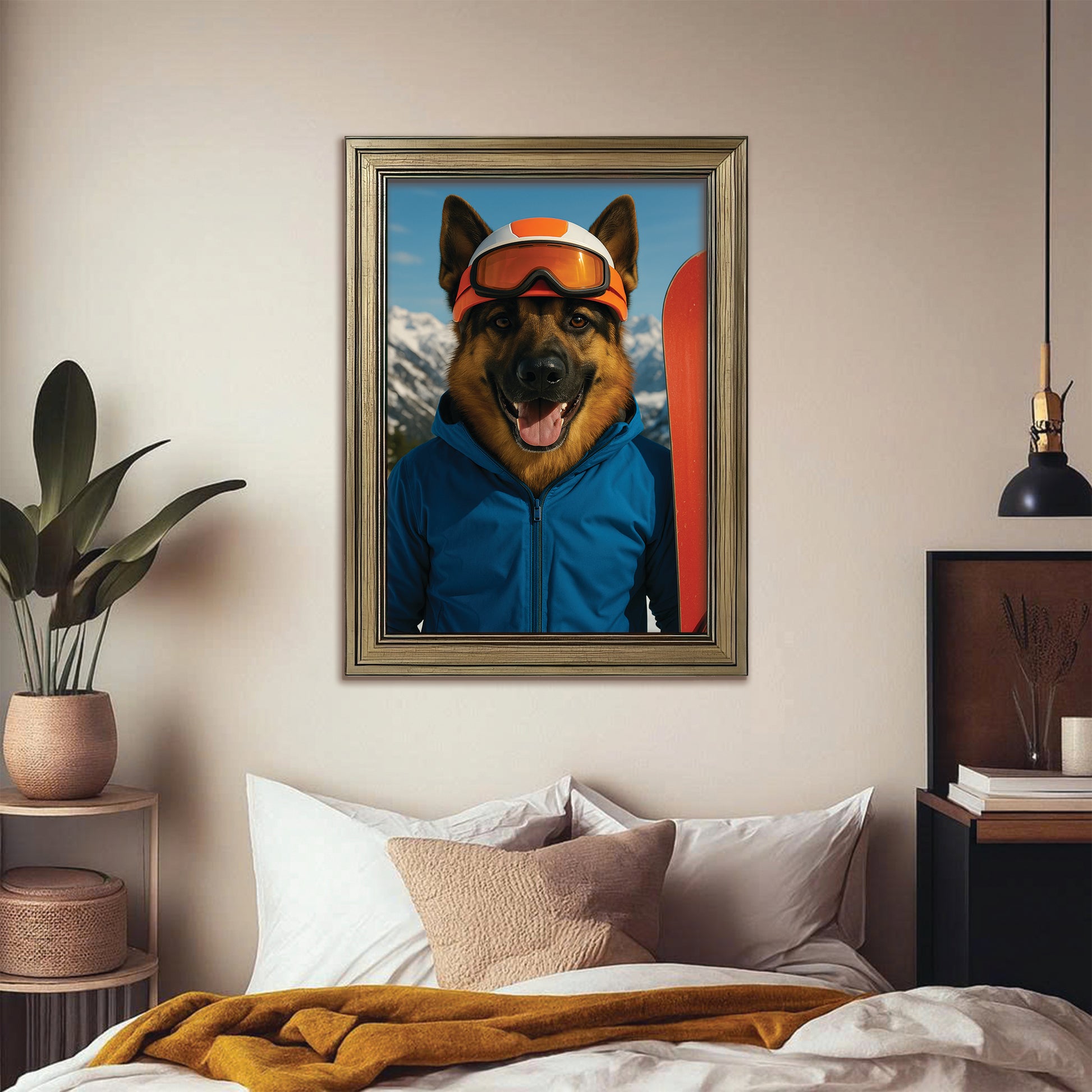 Custom Photo Snowboarder Dog Canvas Framed Wall Art Gift For Dog Lovers