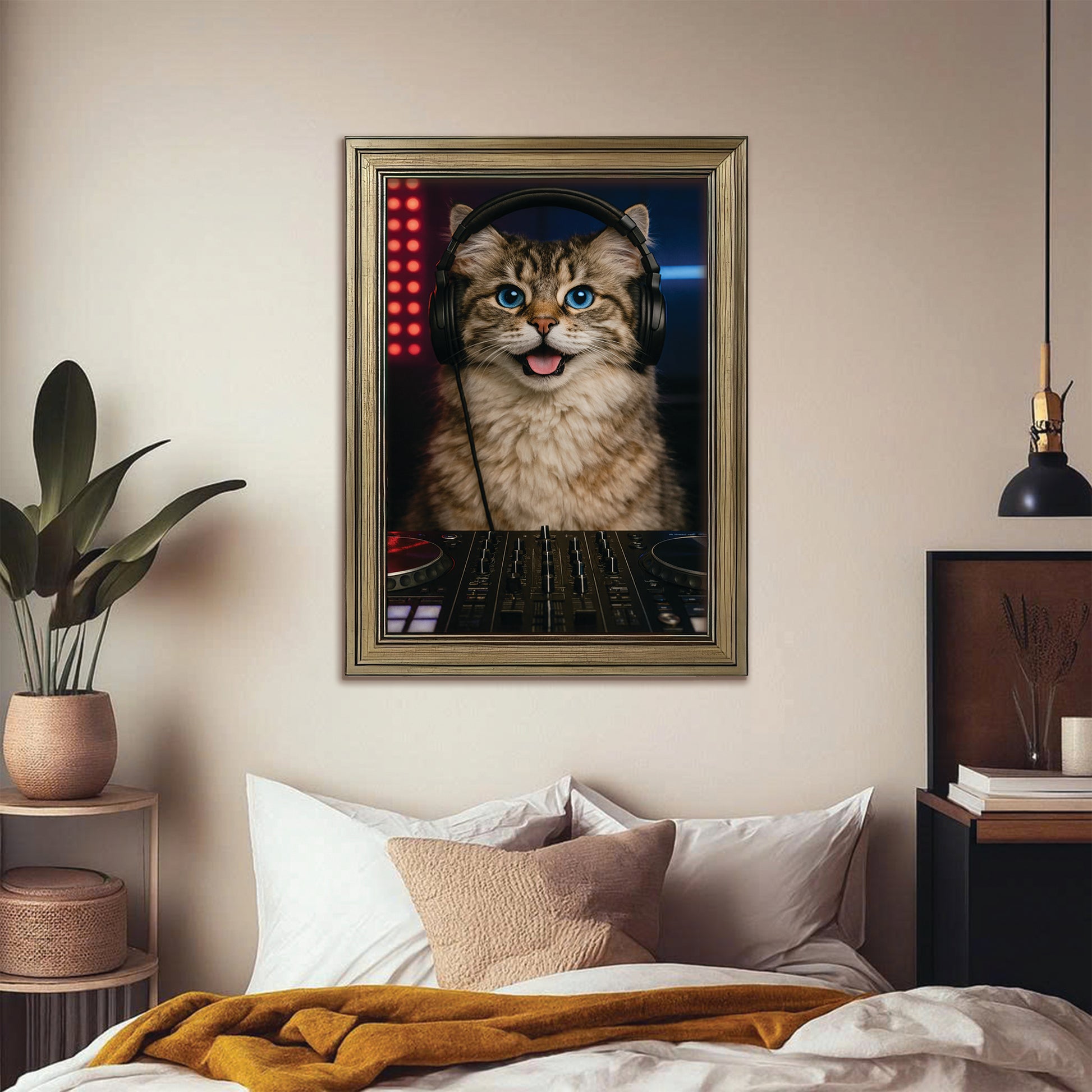Custom Photo Dj Cat Canvas Framed Wall Art  Gift For Cat Lovers