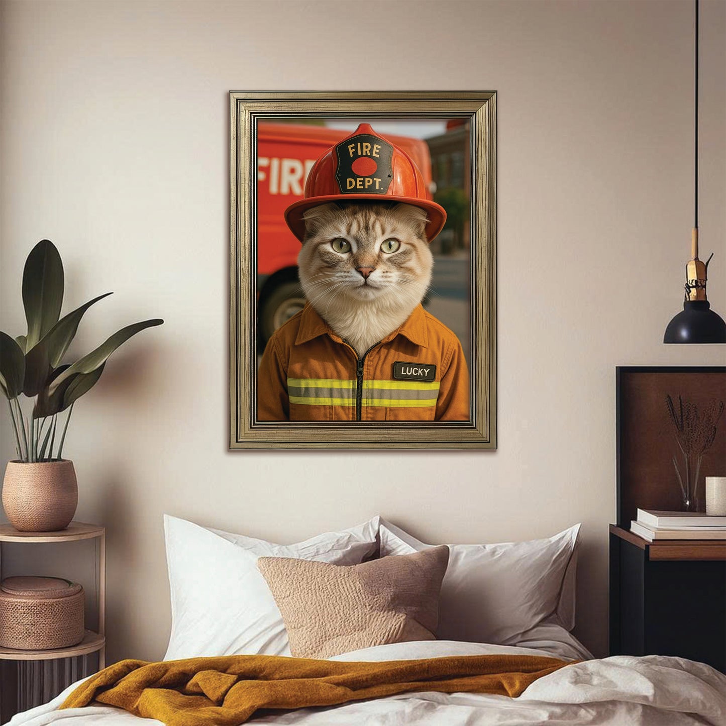 Custom Photo Fire Fighter Cat Canvas Framed Wall Art  Gift For Cat Lovers