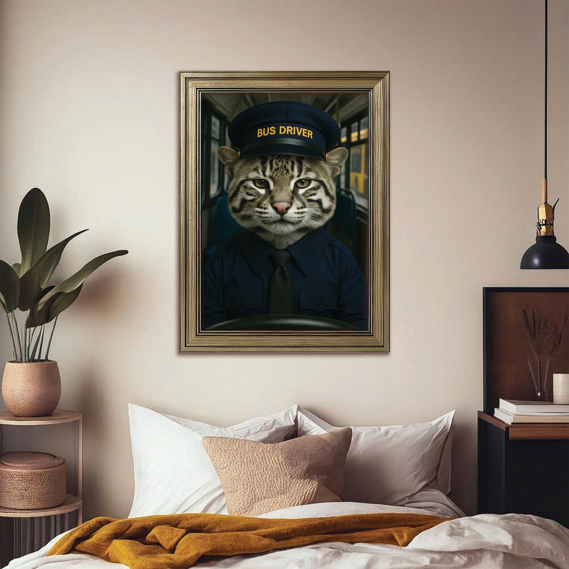 Custom Photo Bus Driver Cat Canvas Framed Wall Art Gift For Cat Lovers