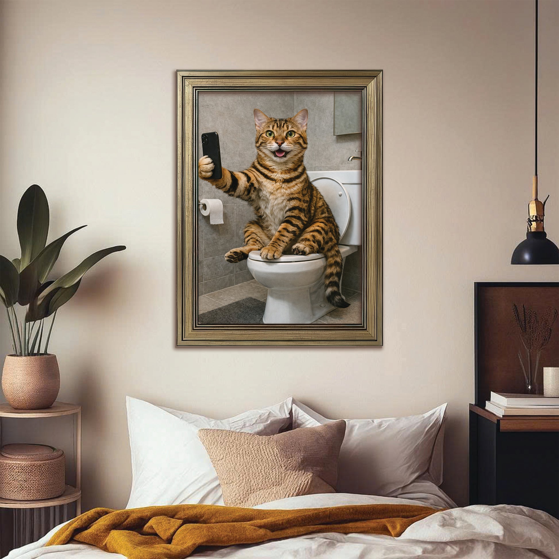 Custom Photo Cat Sefie Bathroom Canvas Framed Wall Art Gift For Cat Lover