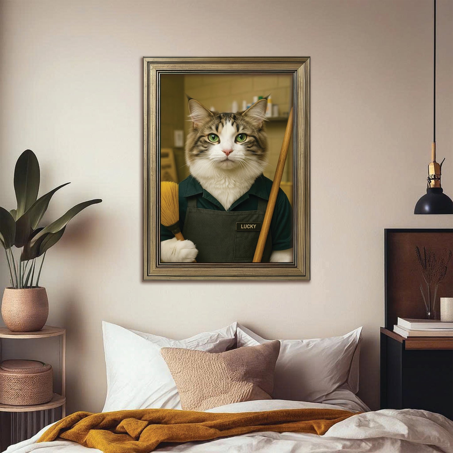 Custom Photo Janitor Cat Canvas Framed Wall Art  Gift For Cat Lovers