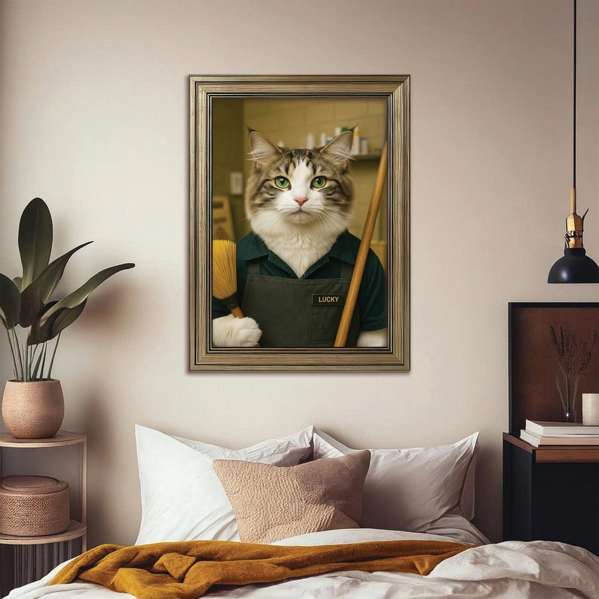 Custom Photo Janitor Cat Canvas Framed Wall Art  Gift For Cat Lovers