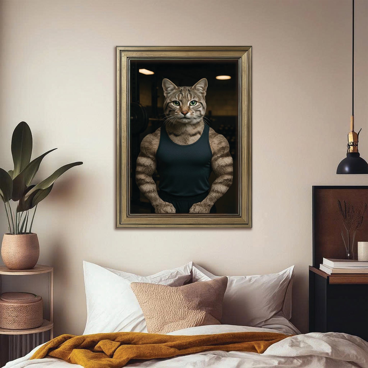 Custom Photo Body Builder Cat Canvas Framed Wall Art Gift For Cat Lovers