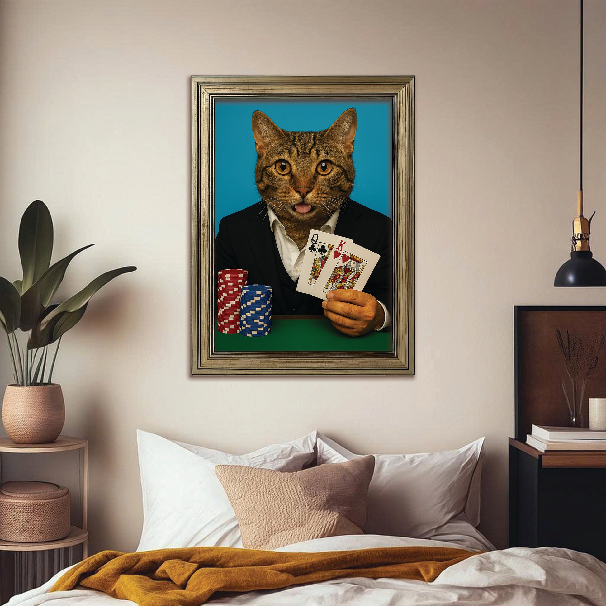 Custom Photo Poker Player Cat Canvas Framed Wall Art Gift For Cat Lovers