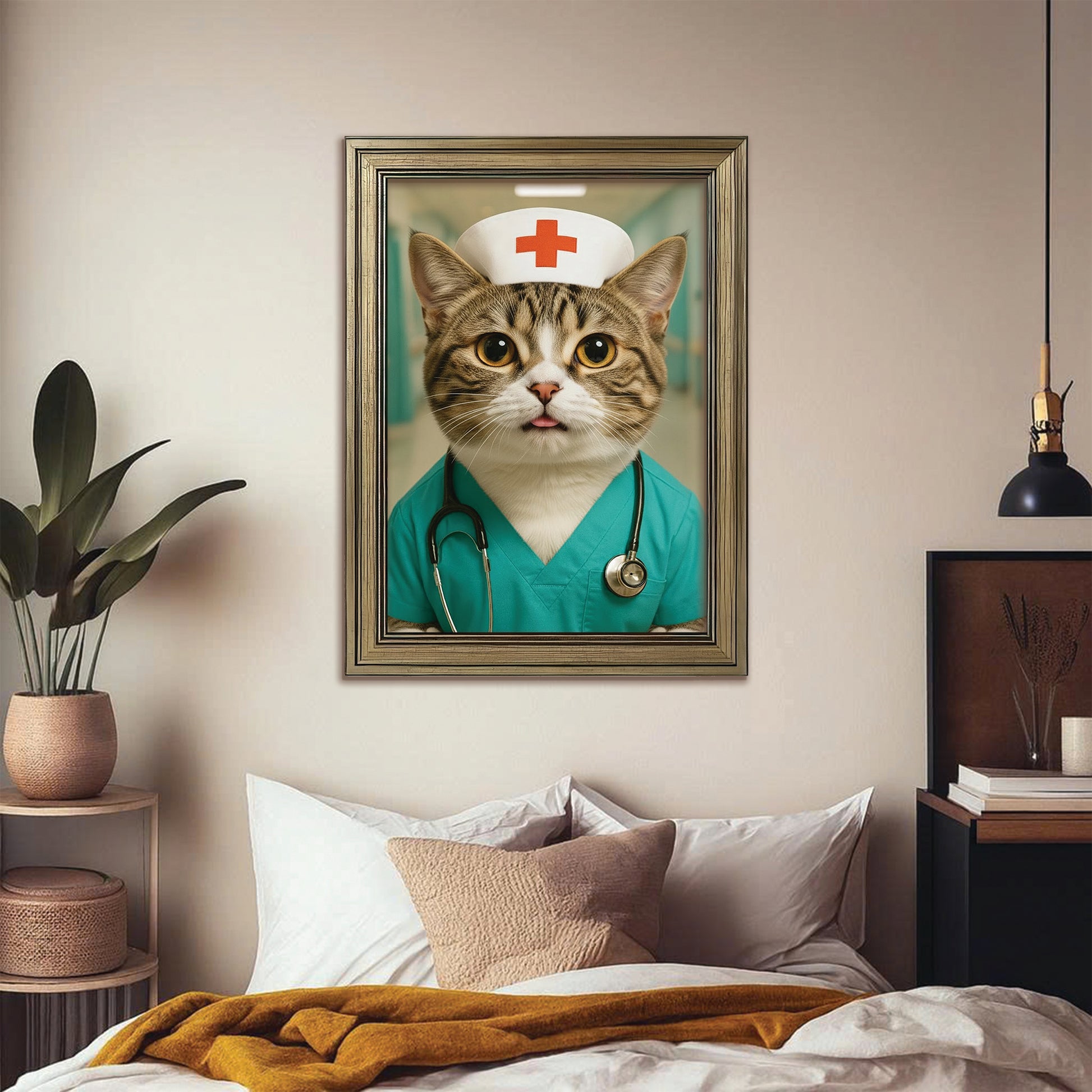 Custom Photo Nurse Cat Canvas Framed Wall Art  Gift For Cat Lovers