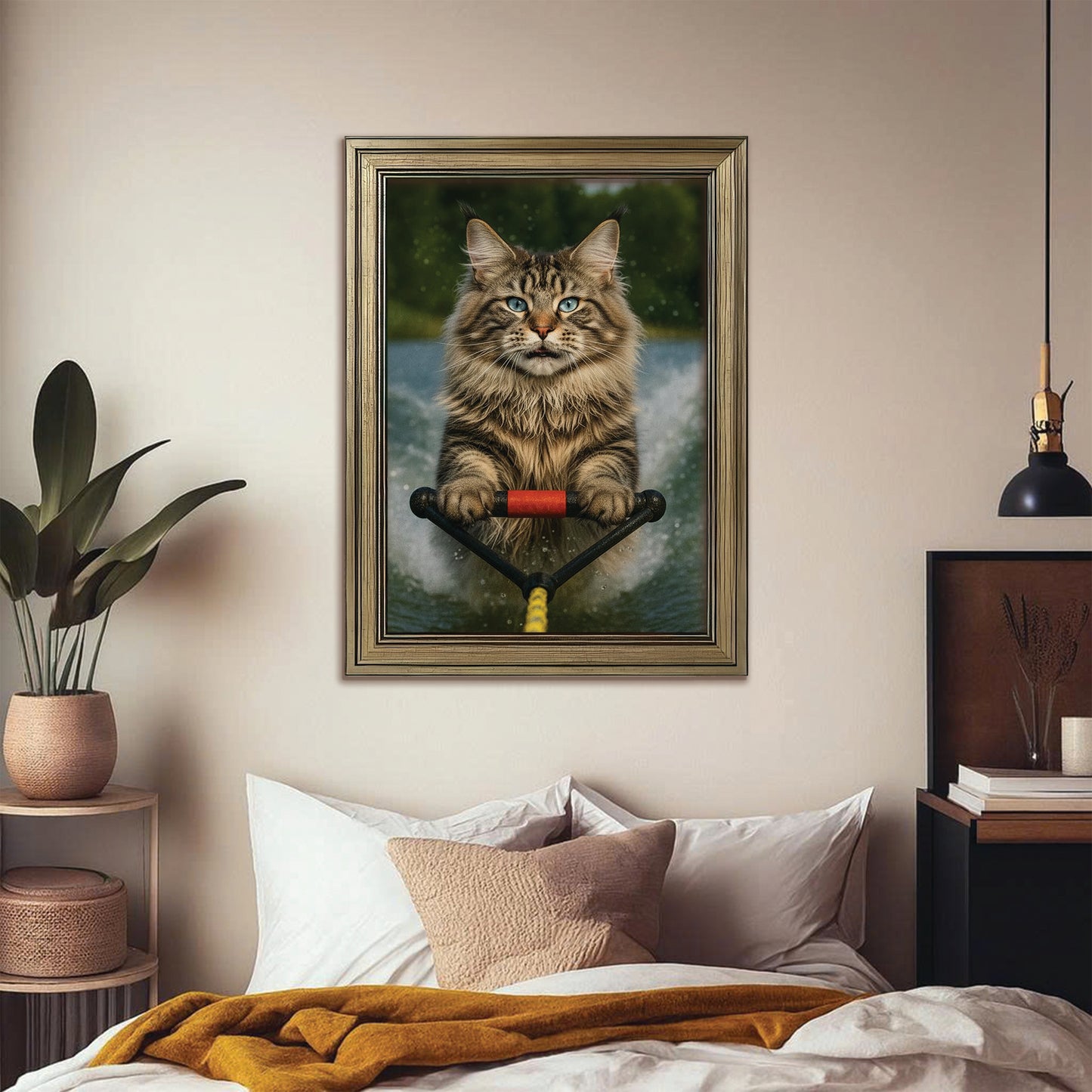 Custom Photo Water Ski Cat Canvas Framed Wall Art Gift For Cat Lovers